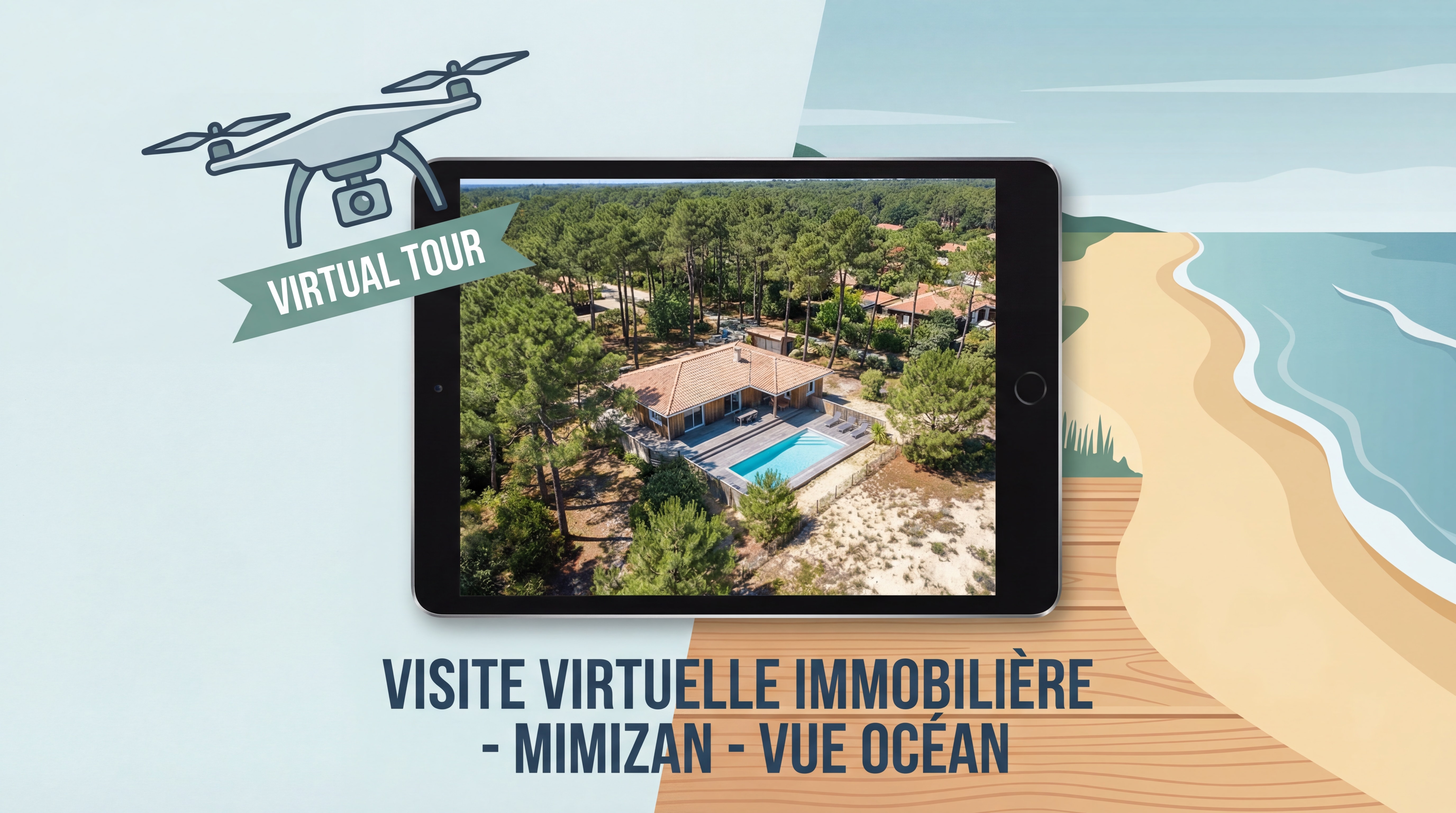 Visite virtuelle immobilière avec drone montrant vue aérienne propriété Mimizan proche océan