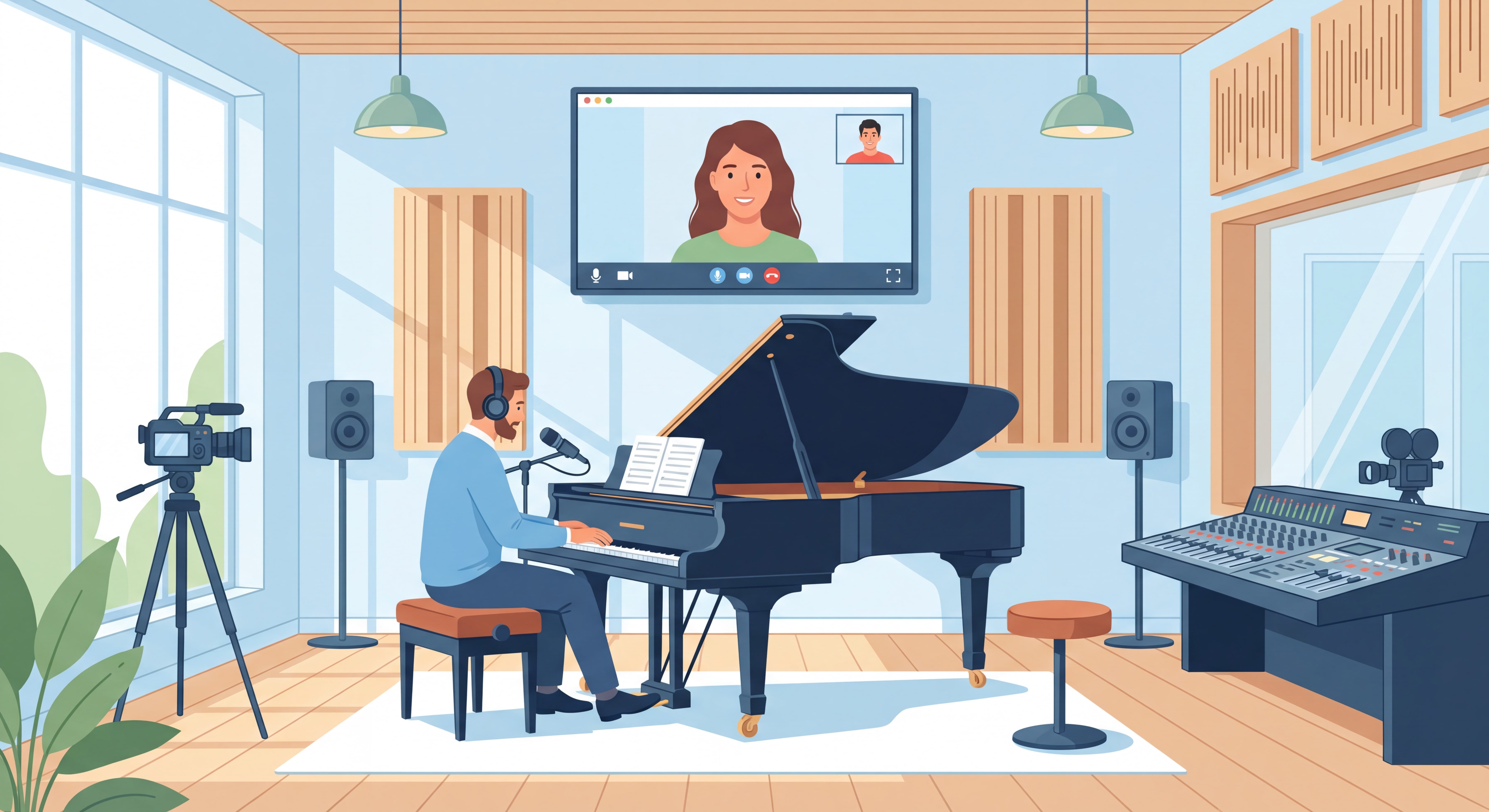 Professeur de musique donnant un cours de piano en ligne à un élève, avec équipement professionnel visible dans un studio lumineux et moderne