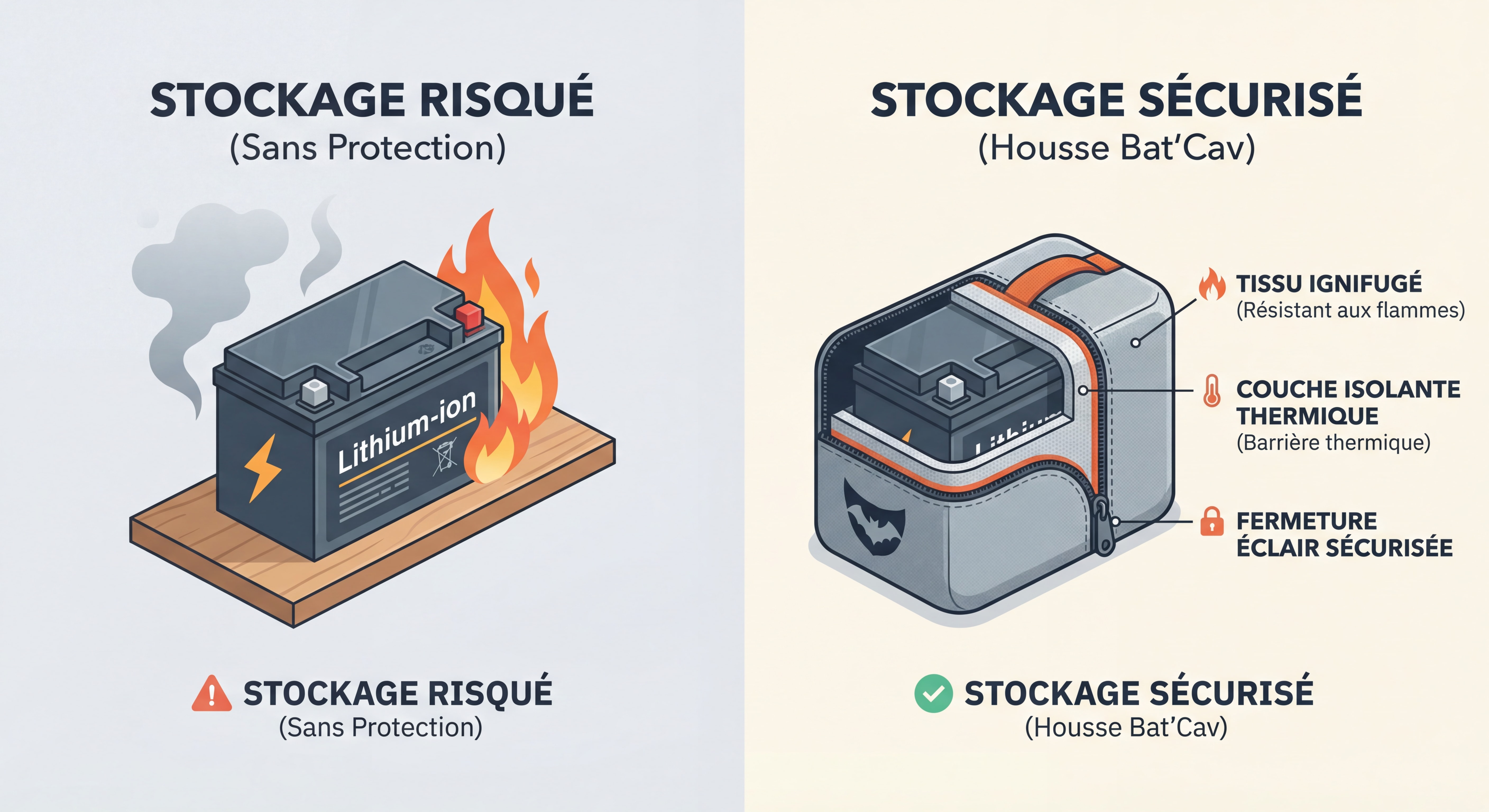 Comparaison visuelle d'une batterie stockée sans protection versus dans une housse ignifugée Bat'Cav avec annotations des couches de protection