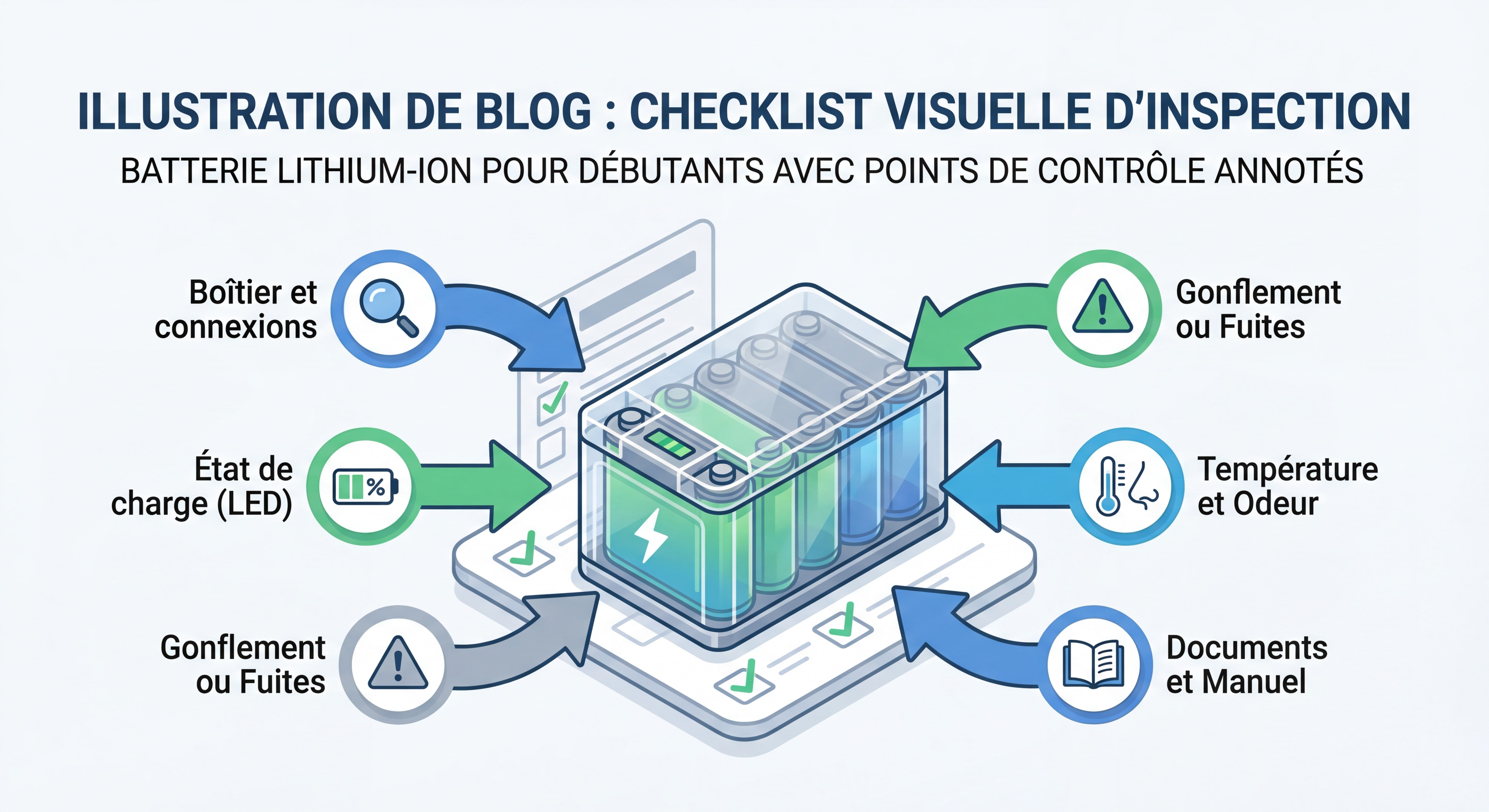 Checklist visuelle d'inspection d'une batterie lithium-ion pour débutants avec points de contrôle annotés