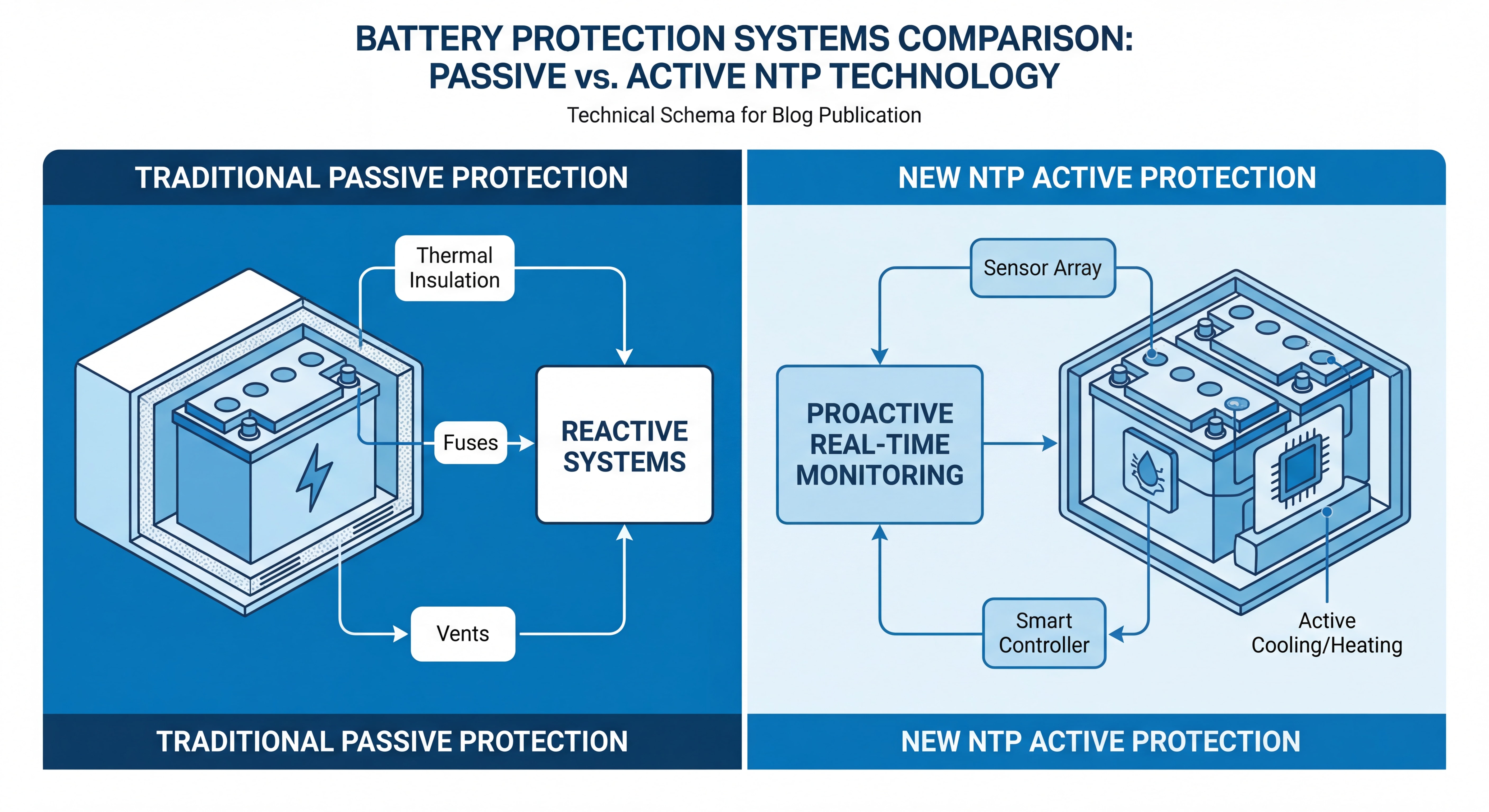 Schéma technique comparant les systèmes de protection passive traditionnels et les nouvelles technologies NTP de protection active des batteries