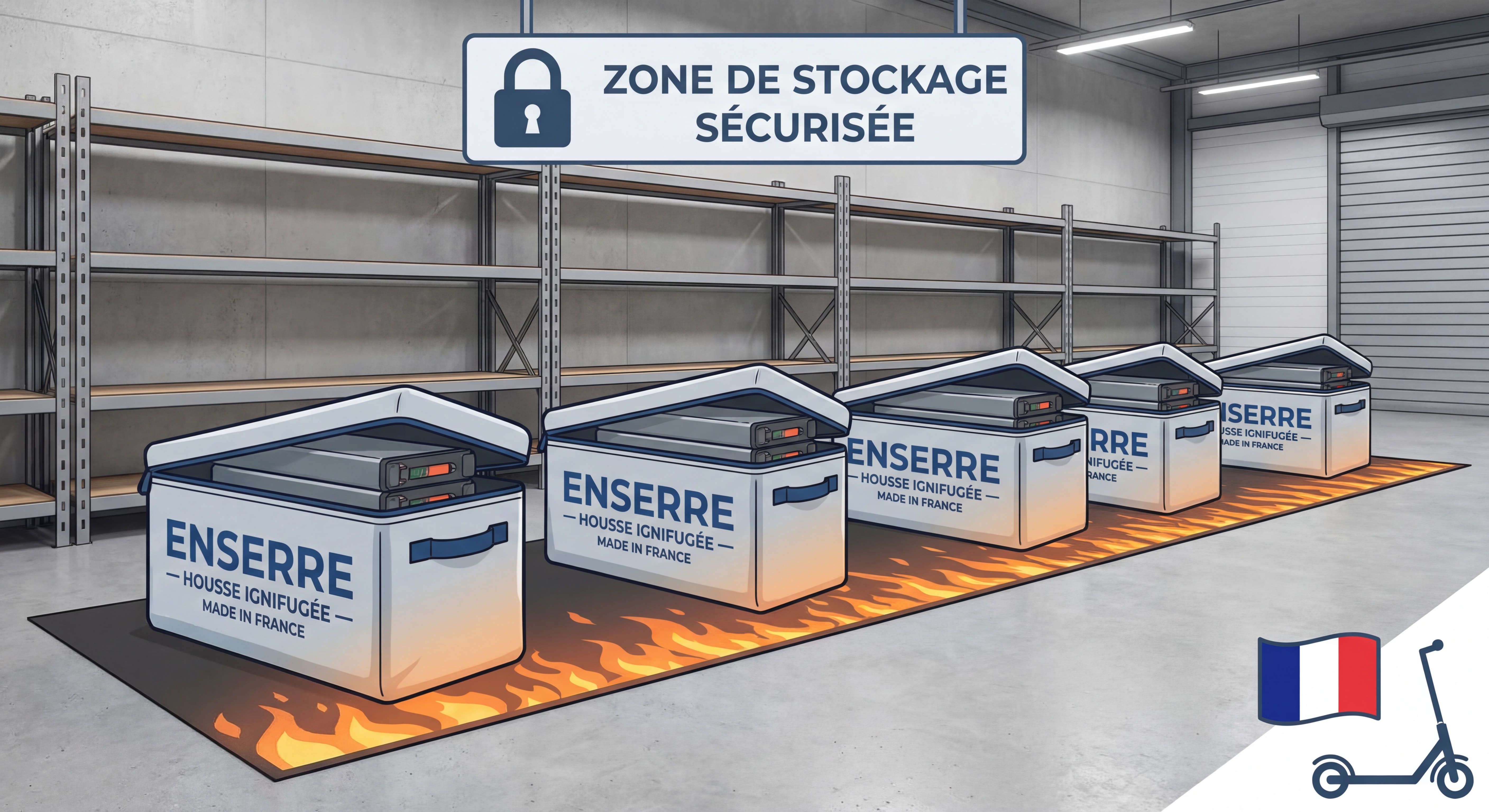 Zone de stockage sécurisée avec batteries dans housses ignifugées ENSERRE espacées sur surface non inflammable - stockage batterie trottinette made in France