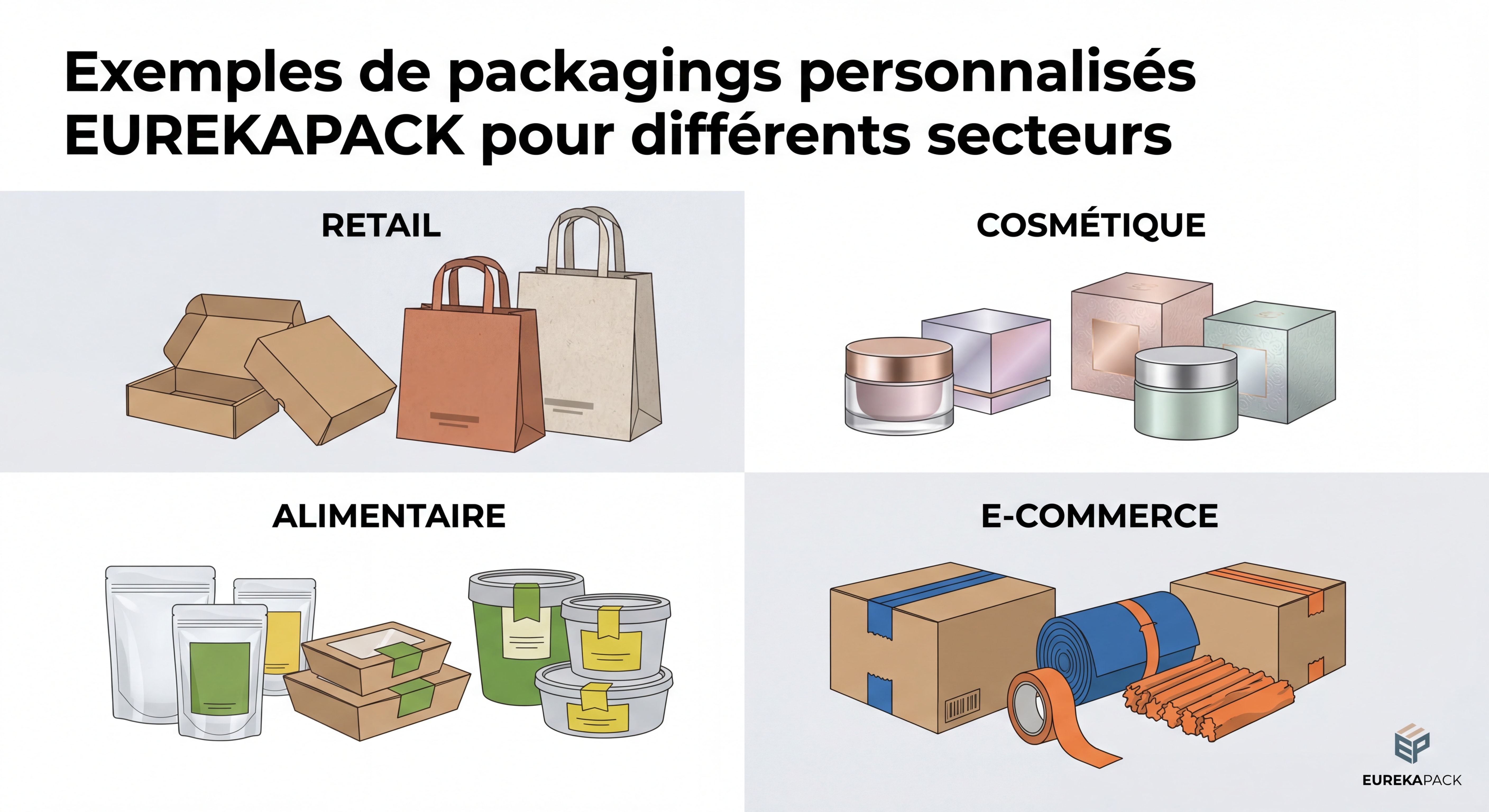 Exemples de packagings personnalisés EUREKAPACK pour différents secteurs - retail, cosmétique, alimentaire et e-commerce - illustrant la diversité des solutions et des finitions