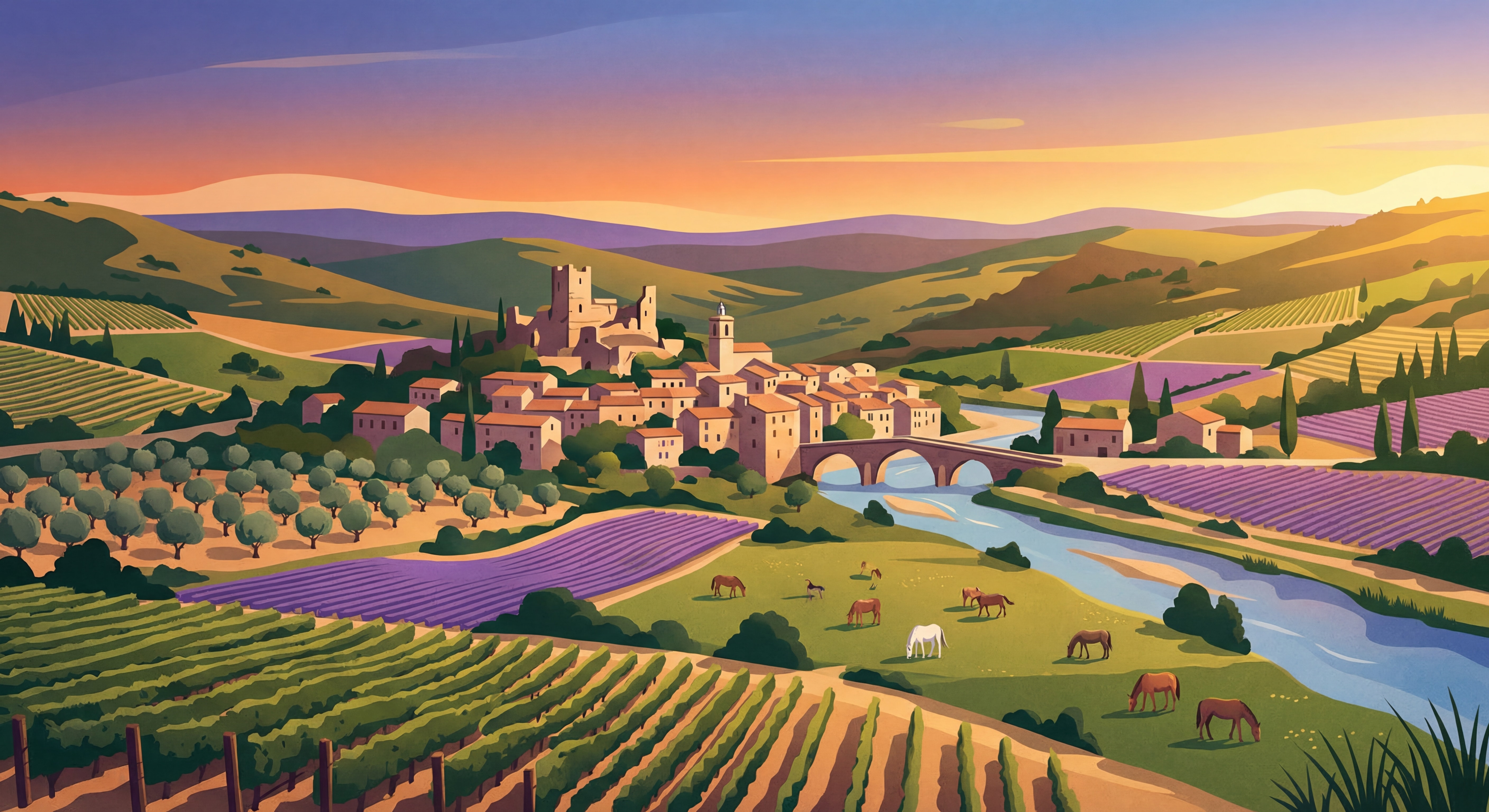 Paysage des Baronnies provençales à Mollans-sur-Ouvèze avec chevaux dans un cadre naturel provençal au coucher du soleil