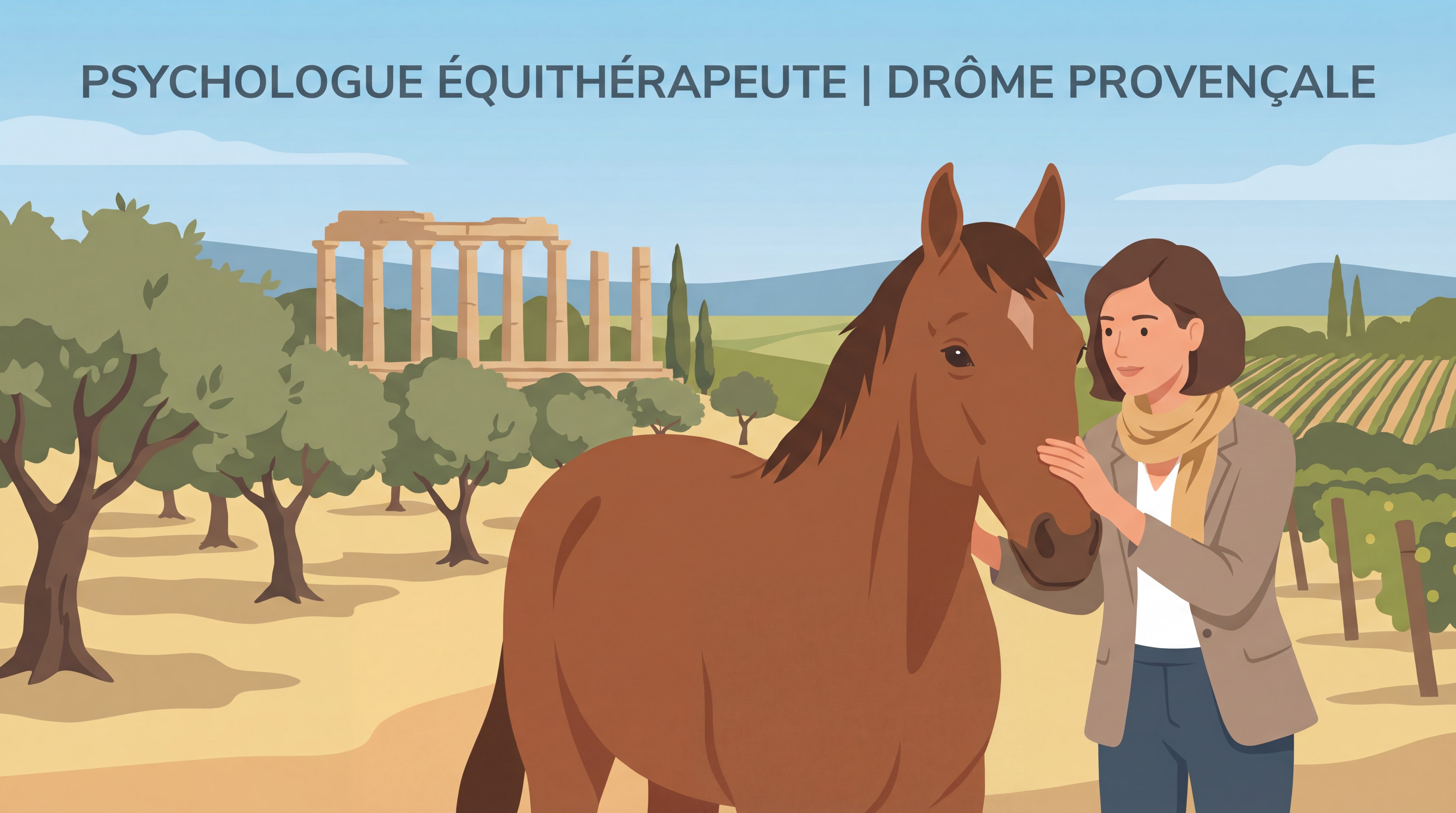 Psychologue équithérapeute avec cheval à Vaison-la-Romaine dans la Drôme provençale
