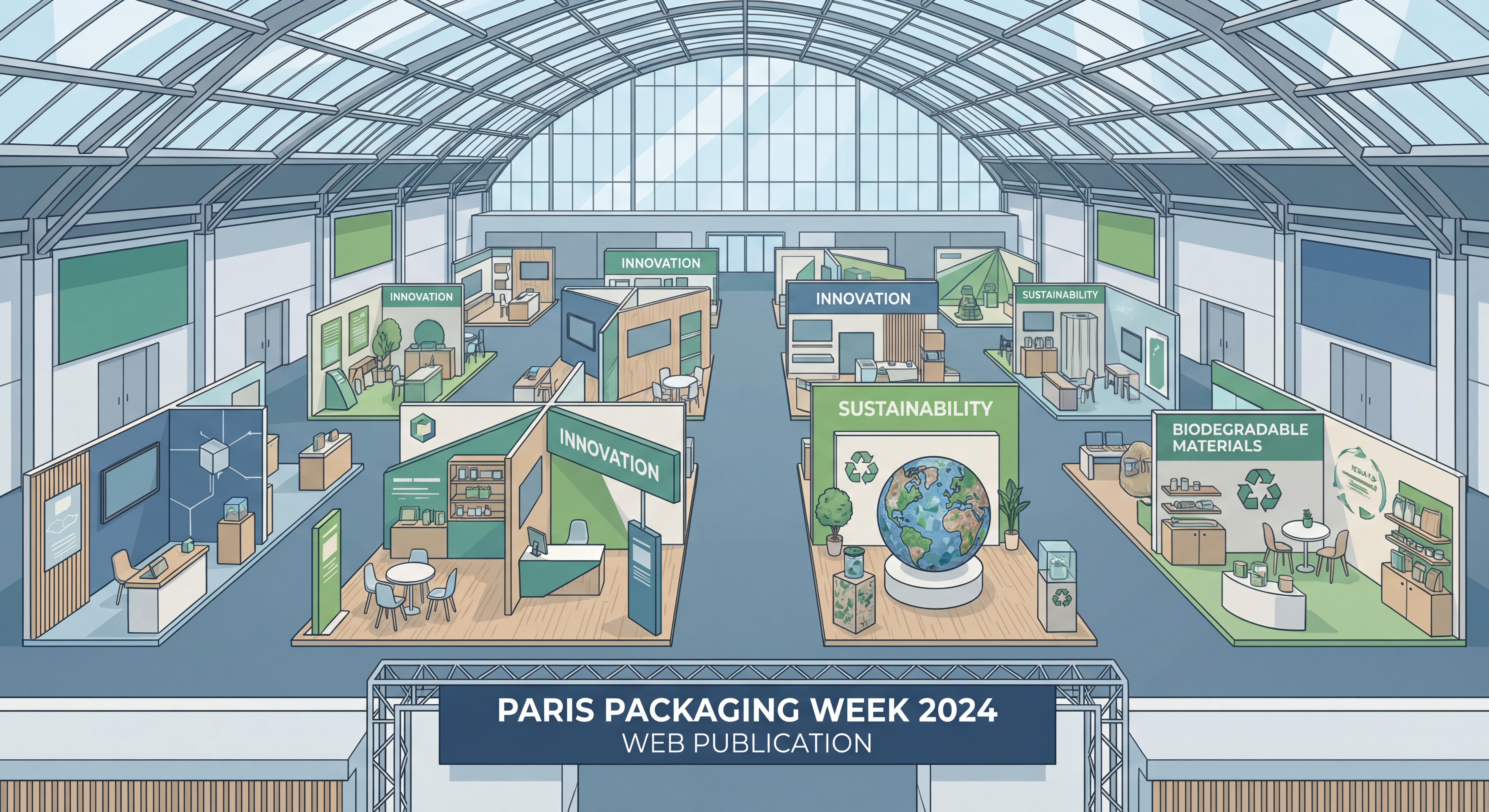 Vue aérienne du salon Paris Packaging Week avec stands d'exposition d'emballages innovants et durables