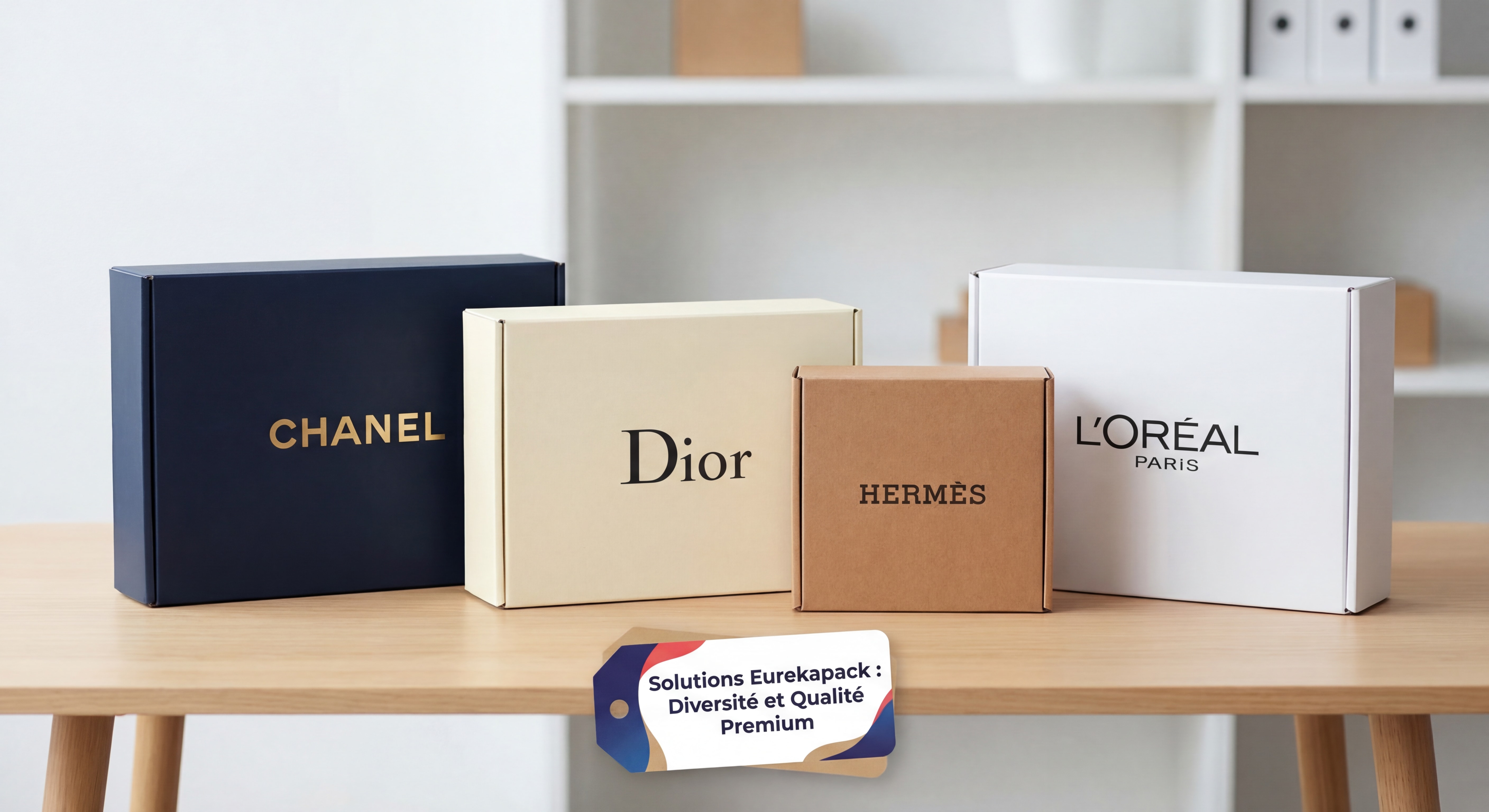 Packagings premium e-commerce de marques françaises célèbres côte à côte montrant la diversité et la qualité des solutions Eurekapack
