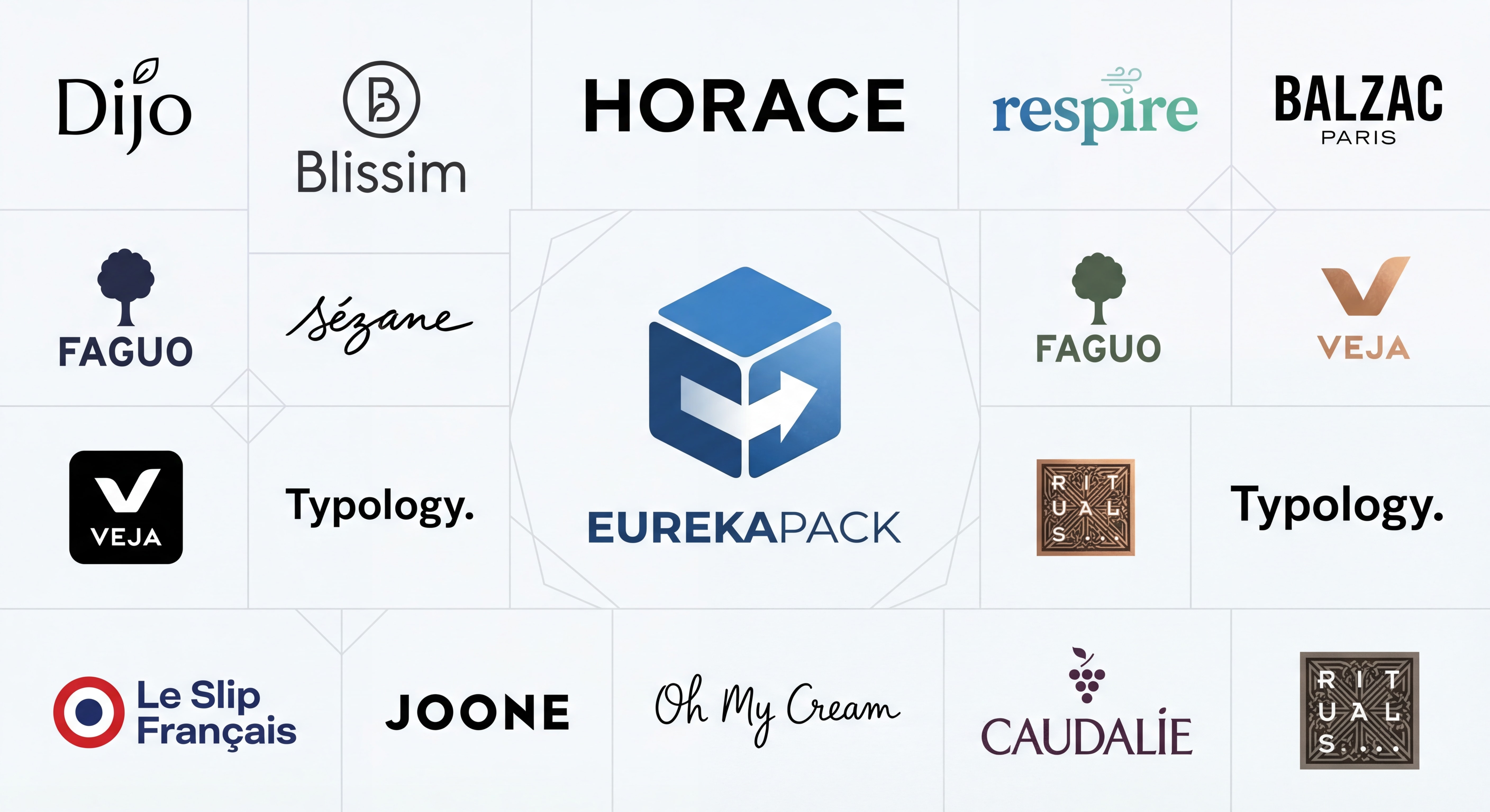 Mosaïque de logos de marques clientes prestigieuses d'Eurekapack incluant Dijo, Blissim, Horace, Respire, Balzac Paris et autres partenaires
