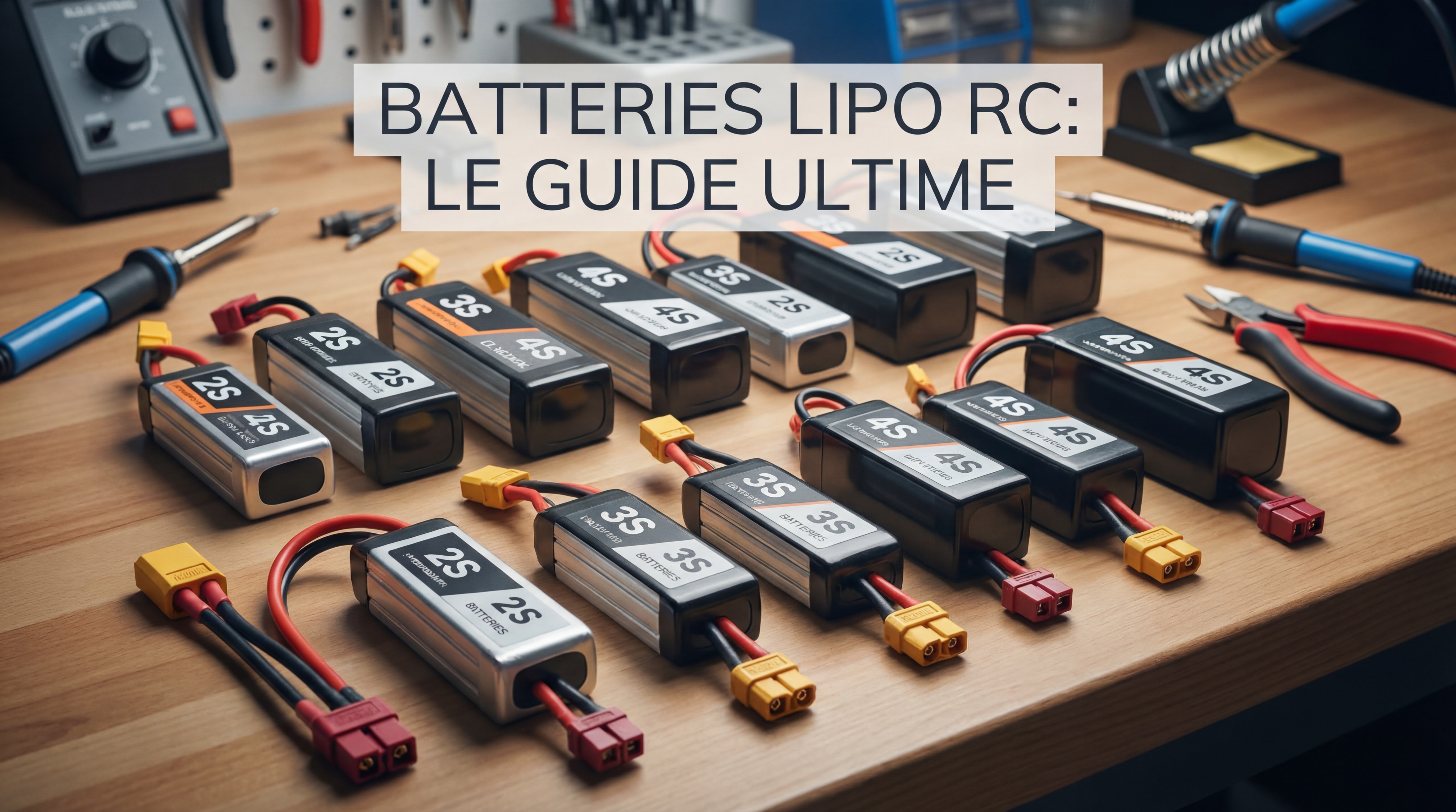 Batteries LiPo RC de différentes tailles pour modélisme avec connecteurs XT60 et Dean, disposées sur un établi d'atelier