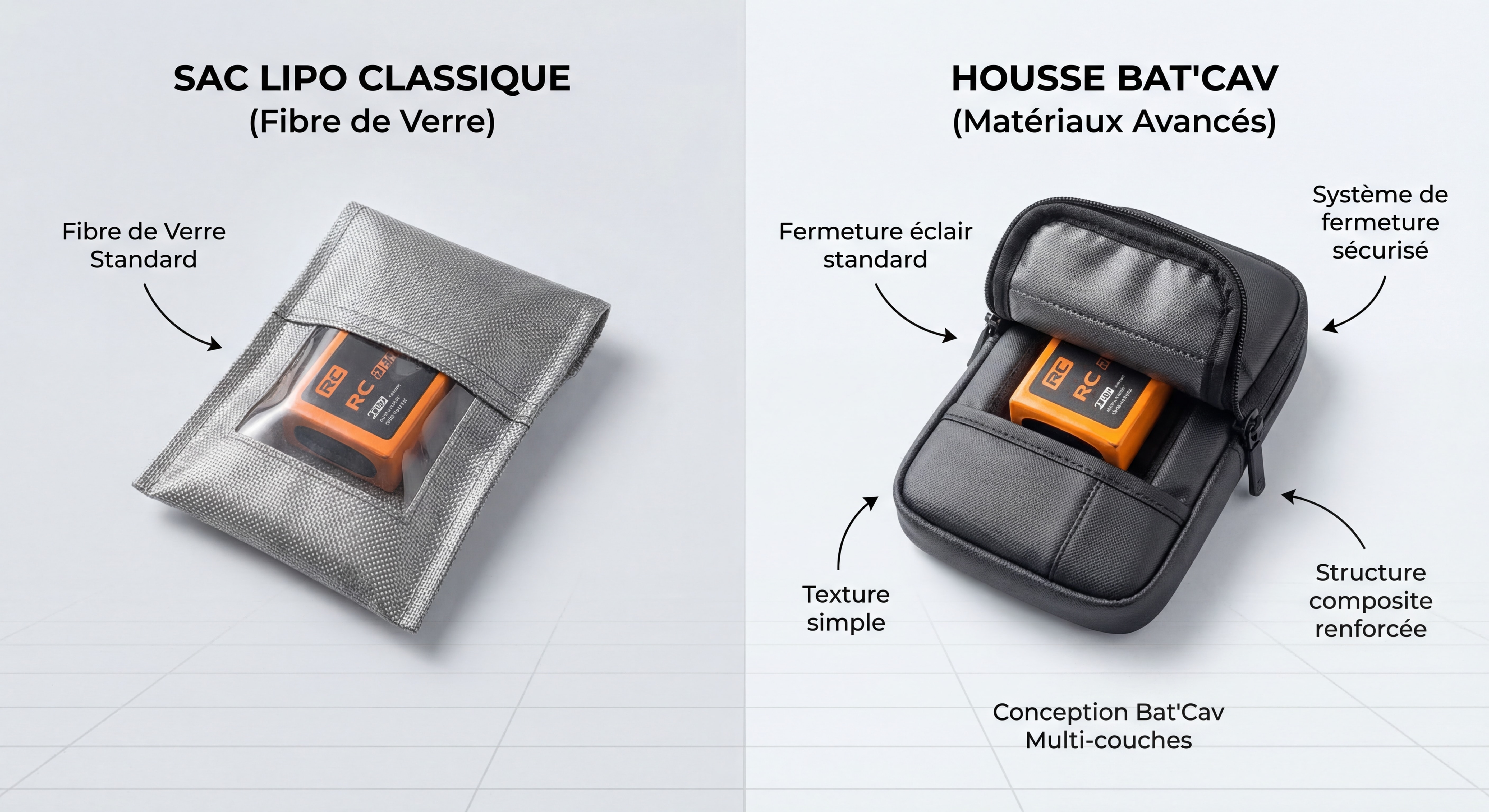 Comparaison visuelle entre un sac LiPo classique en fibre de verre et la housse Bat'Cav avec batterie RC à l'intérieur, montrant les différences de conception et de matériaux