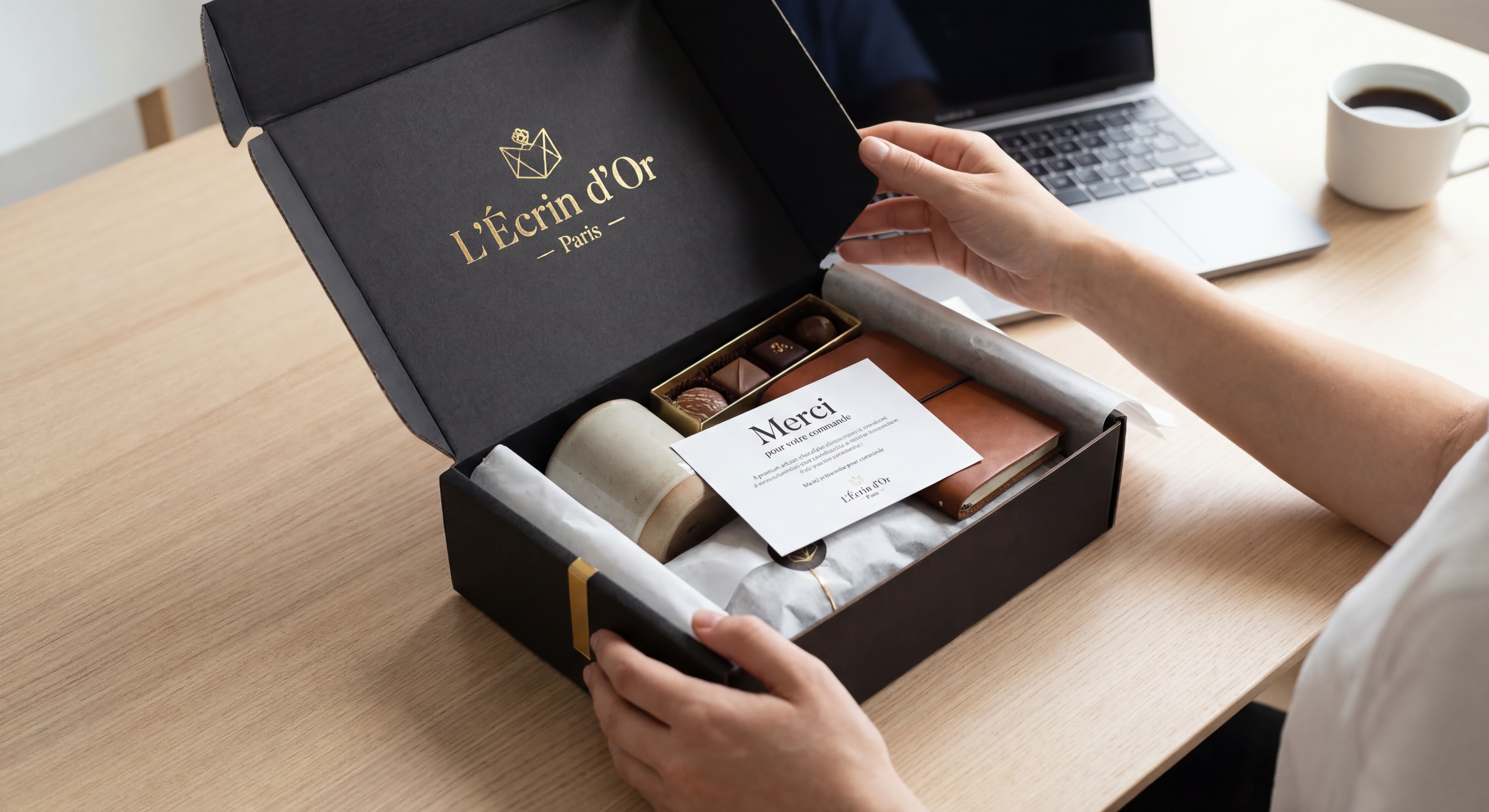 Expérience d'unboxing premium avec packaging personnalisé pour startup e-commerce française