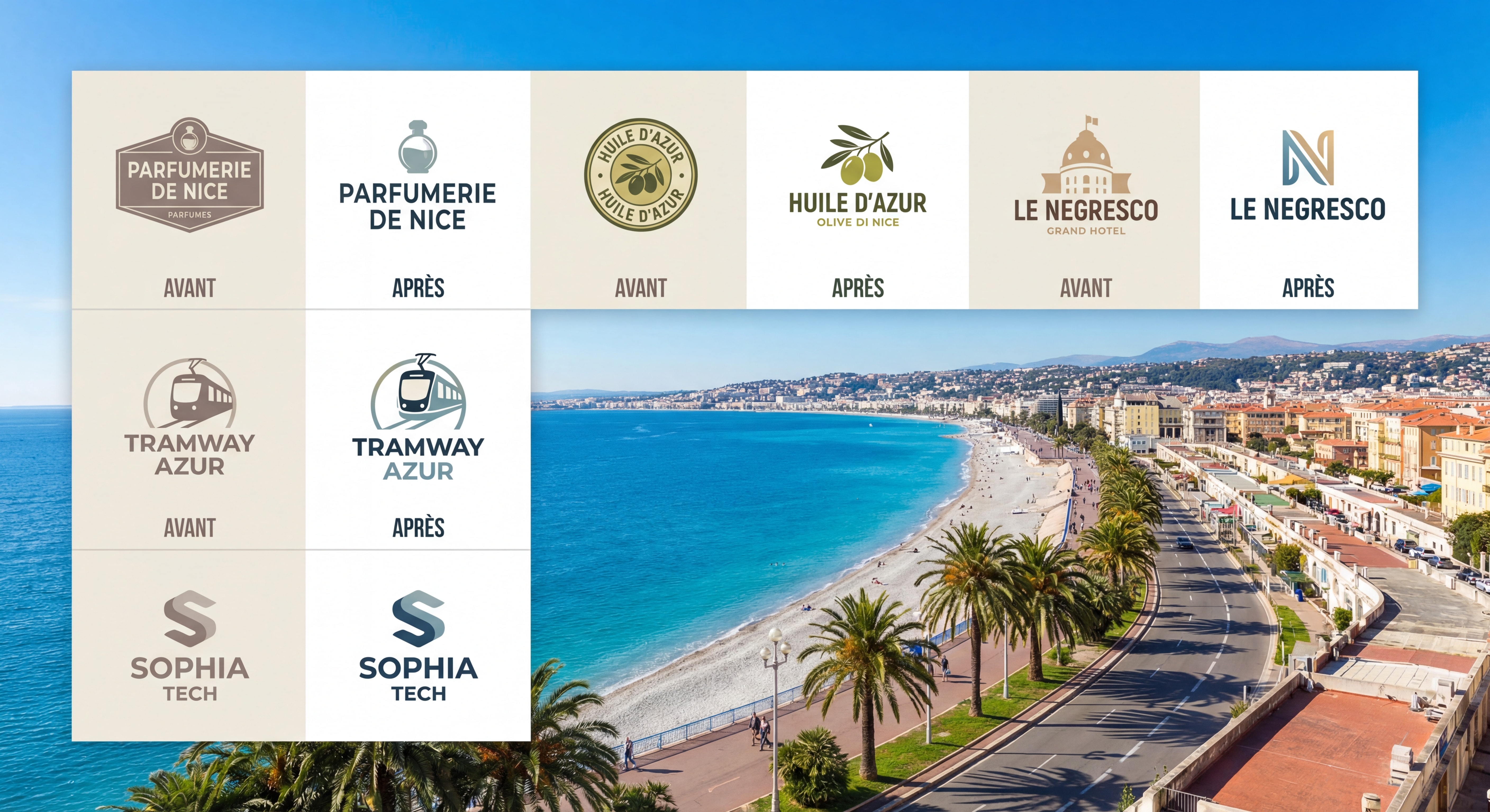 Collage montrant les logos avant/après de 5 entreprises niçoises emblématiques avec vue sur la Baie des Anges en arrière-plan