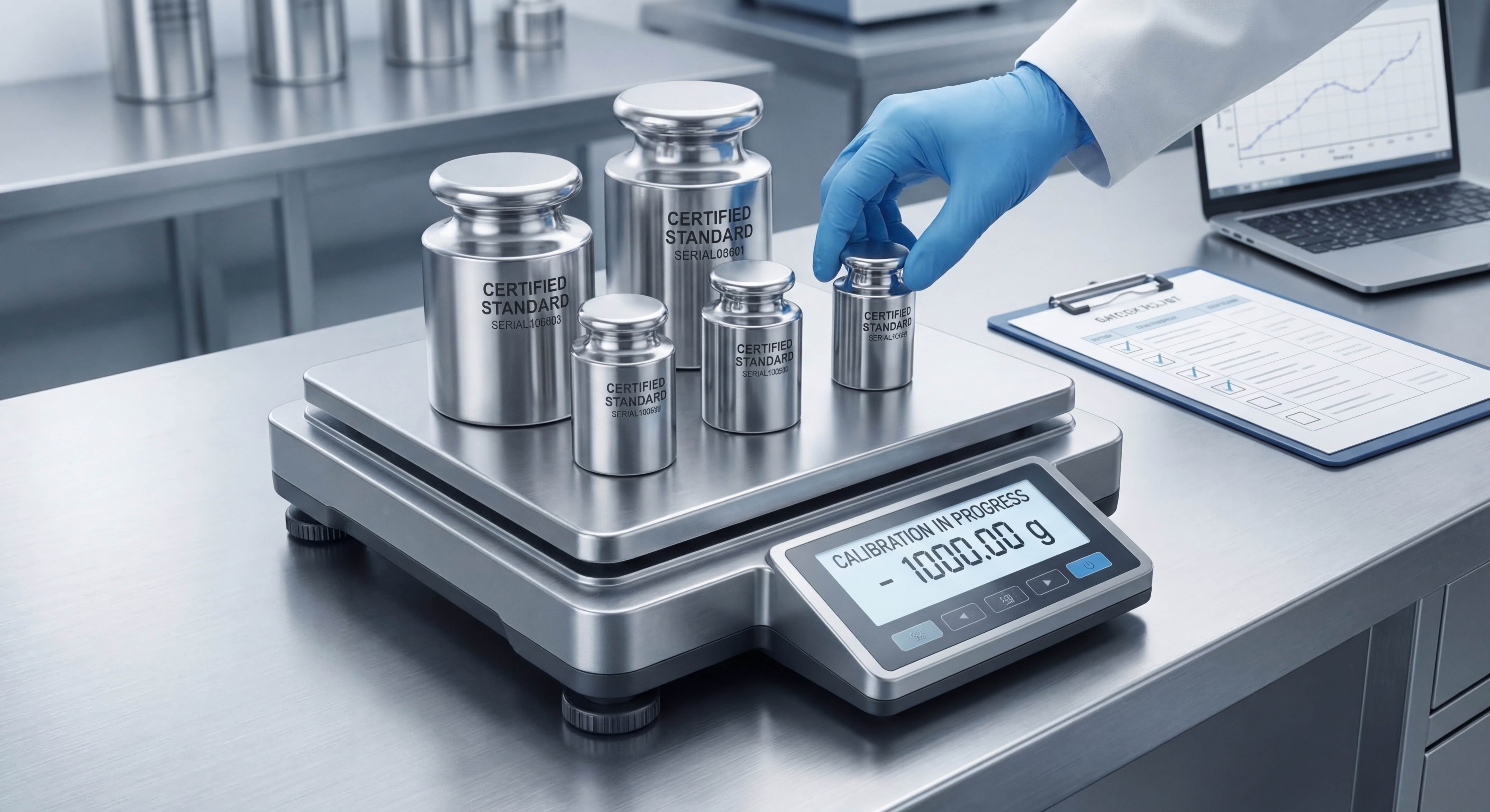 Masses étalons certifiées en acier inoxydable posées sur une balance industrielle pendant une procédure de calibration