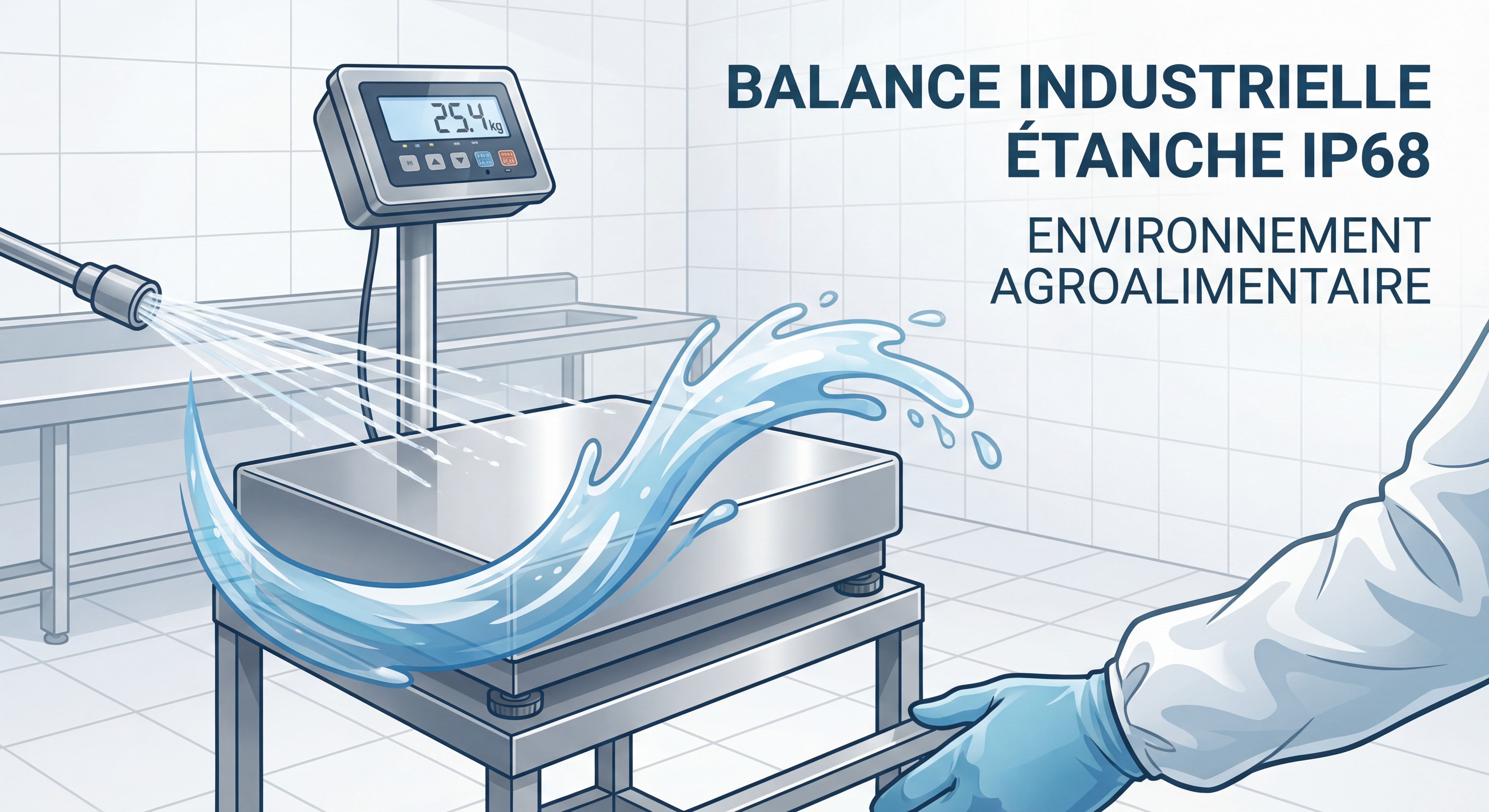 Balance industrielle étanche IP68 en acier inoxydable installée dans un environnement agroalimentaire avec projection d'eau