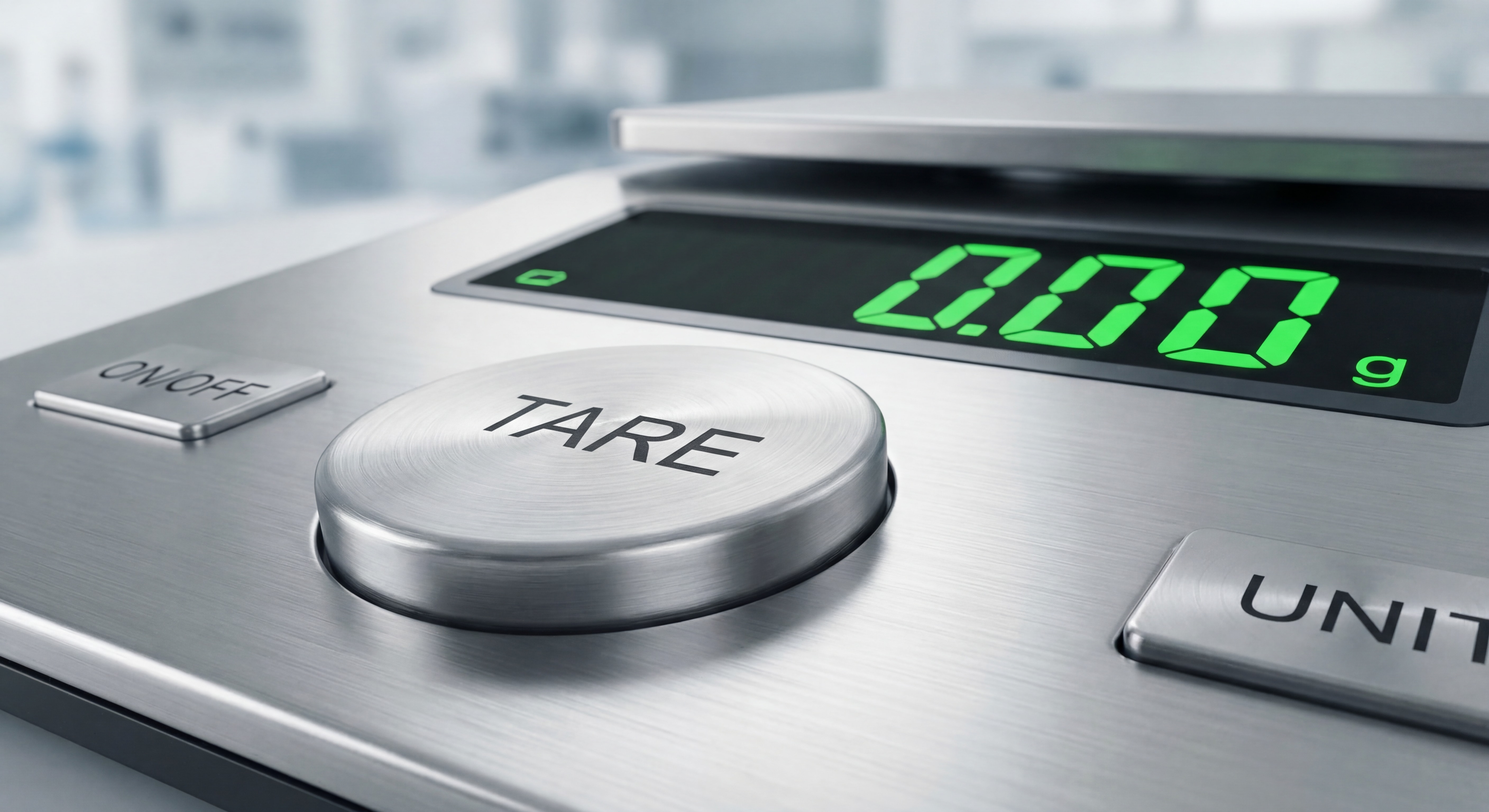 Gros plan sur le bouton TARE d'une balance professionnelle avec affichage numérique montrant 0.00