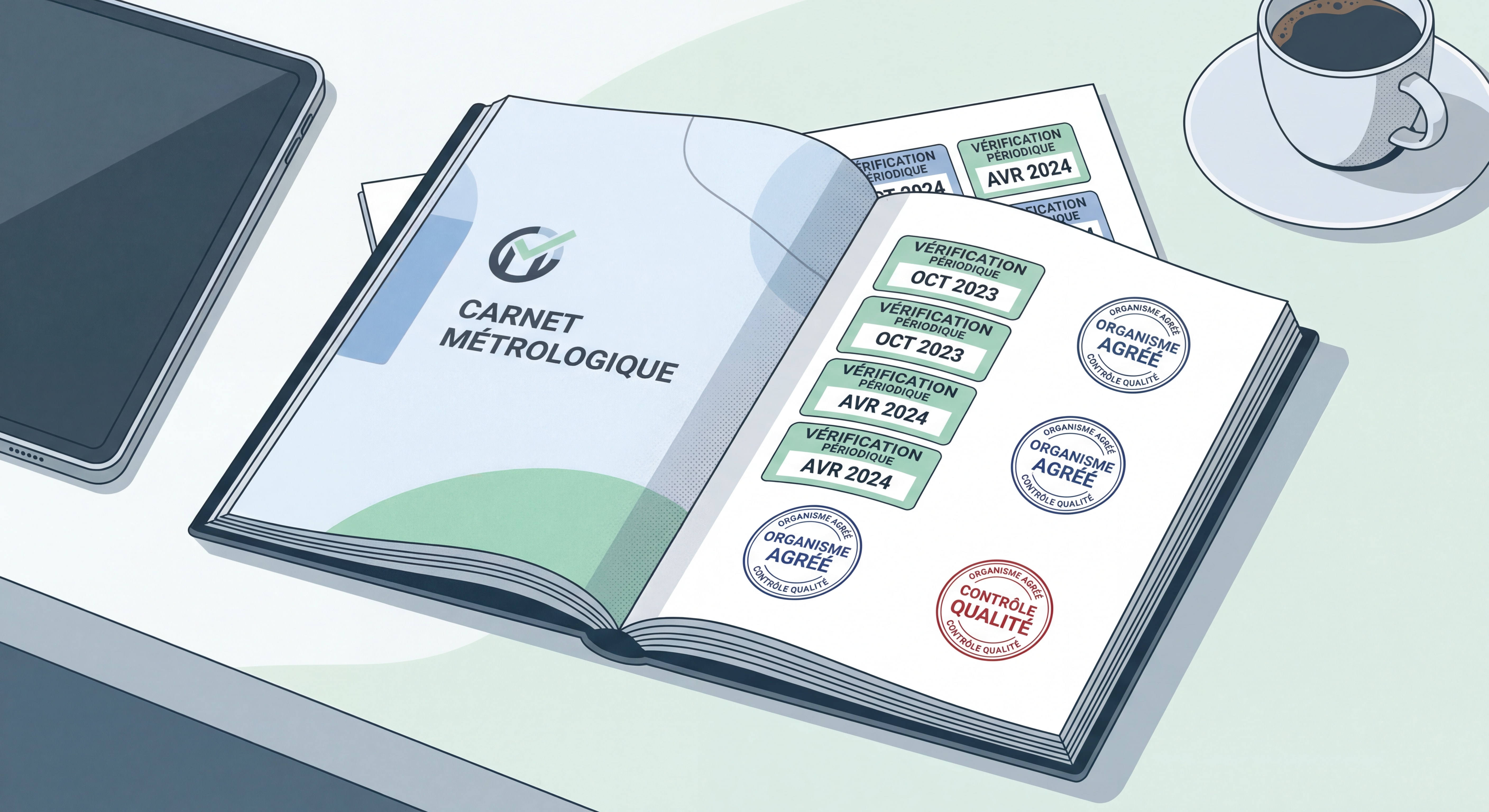 Carnet métrologique ouvert montrant les vignettes de vérification périodique et les tampons des organismes agréés