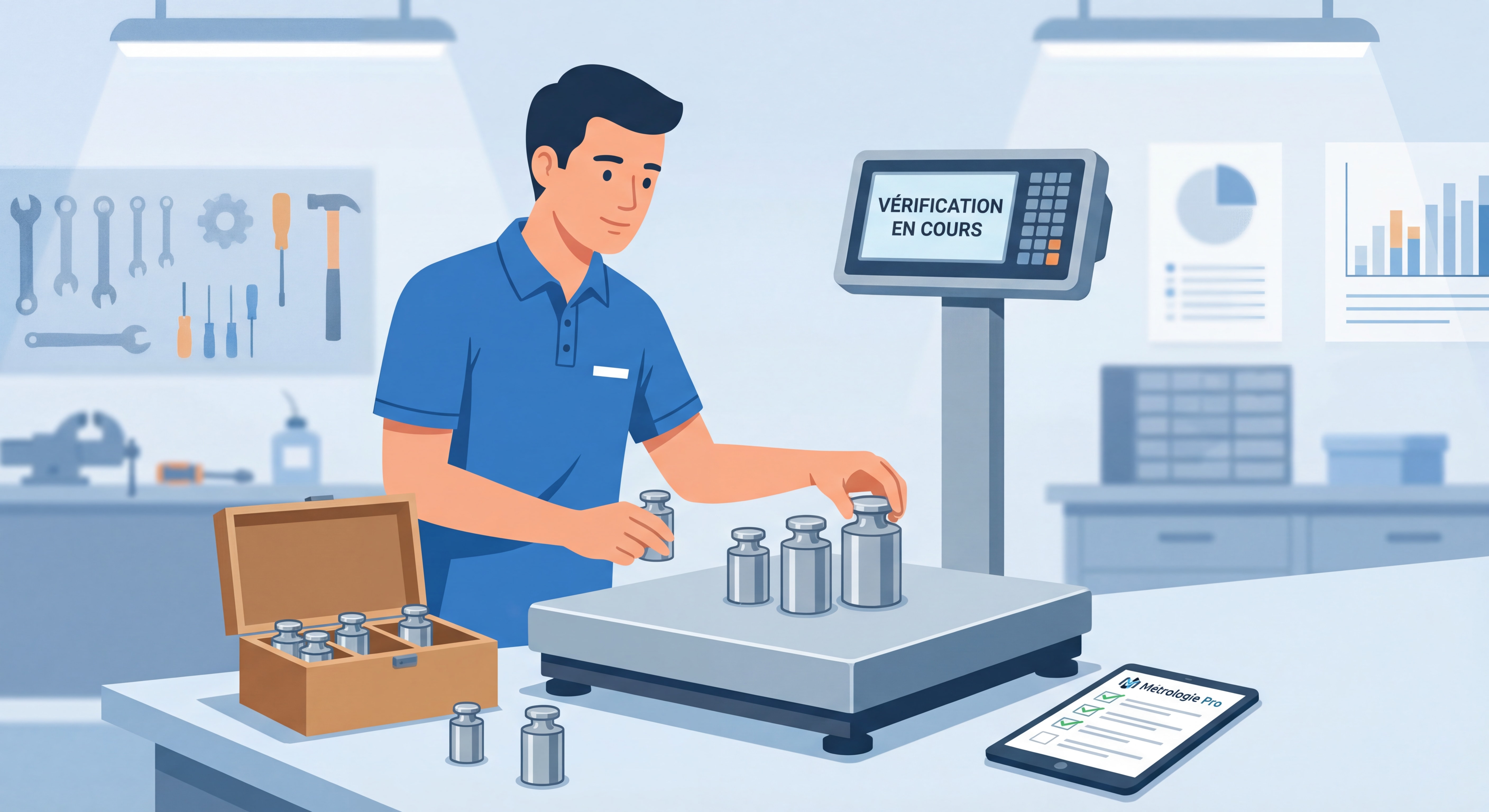 Technicien métrologie réalisant une vérification périodique avec masses étalons sur balance commerciale professionnelle