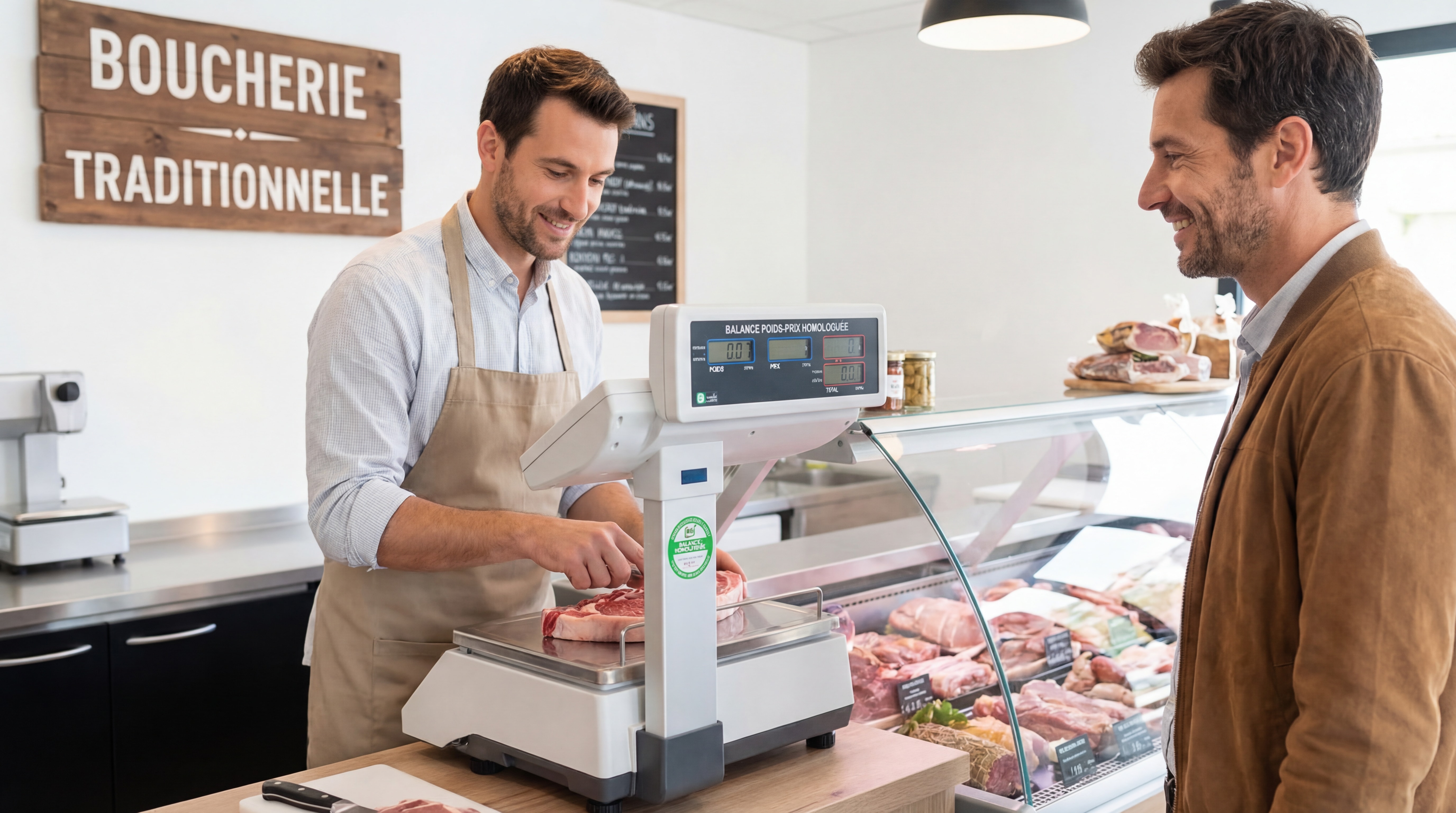 Commerçant utilisant une balance poids-prix homologuée pour servir un client dans une boucherie traditionnelle avec affichage visible