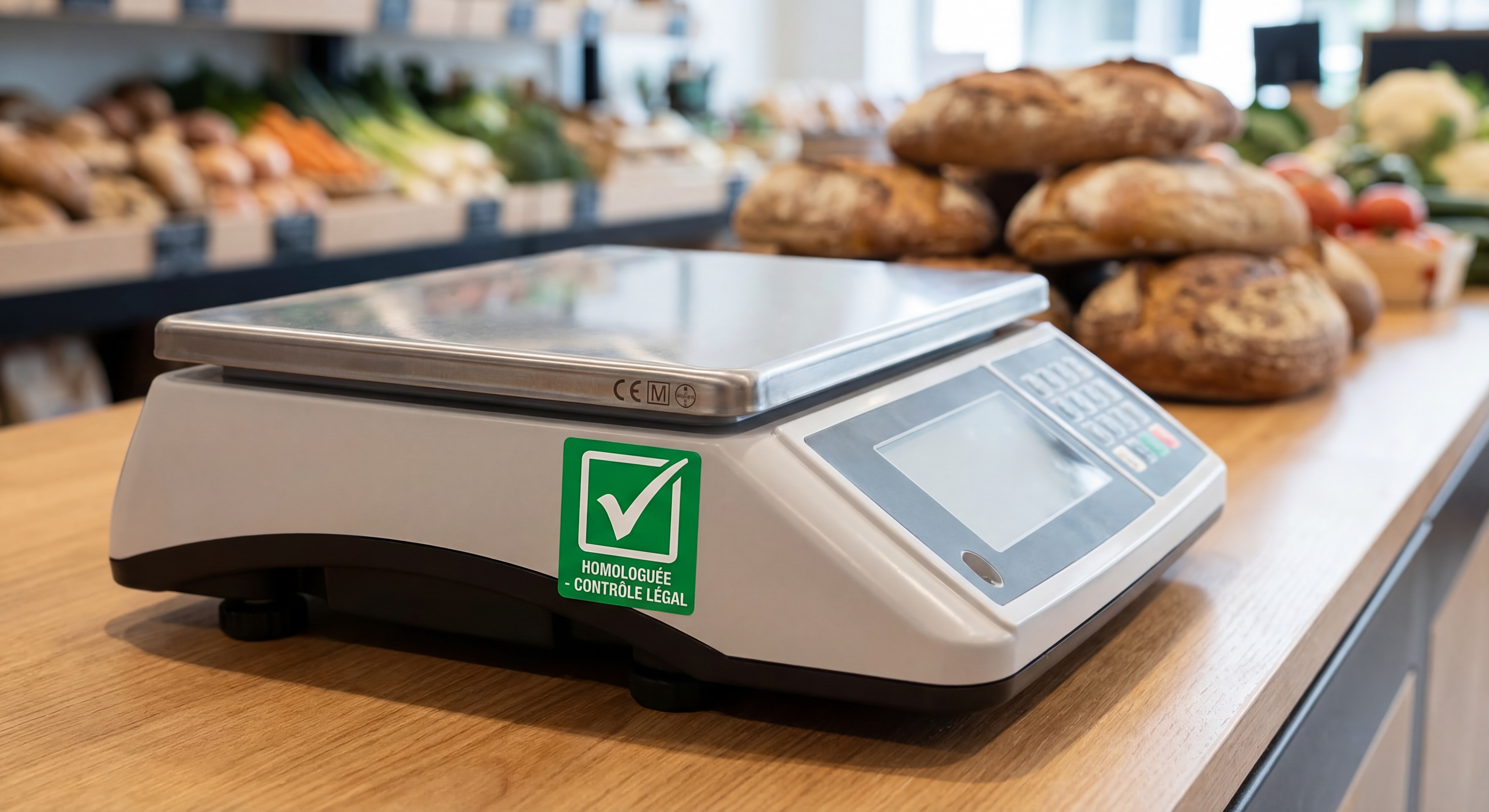 Balance homologuée avec vignette verte et marquage CE-M sur plateau de pesée professionnel en commerce alimentaire