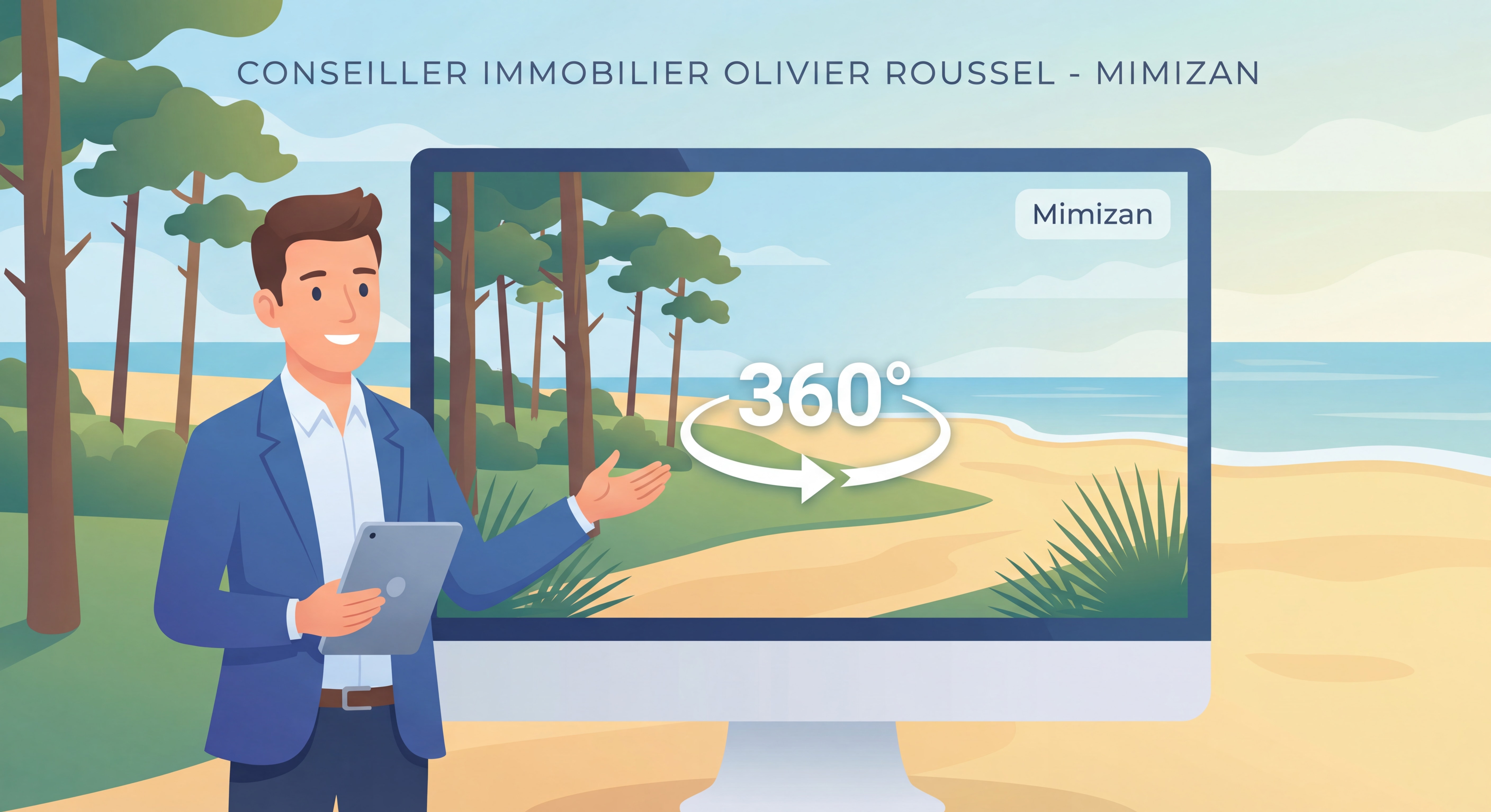Conseiller immobilier Olivier Roussel présentant un bien à Mimizan avec tablette et visite virtuelle