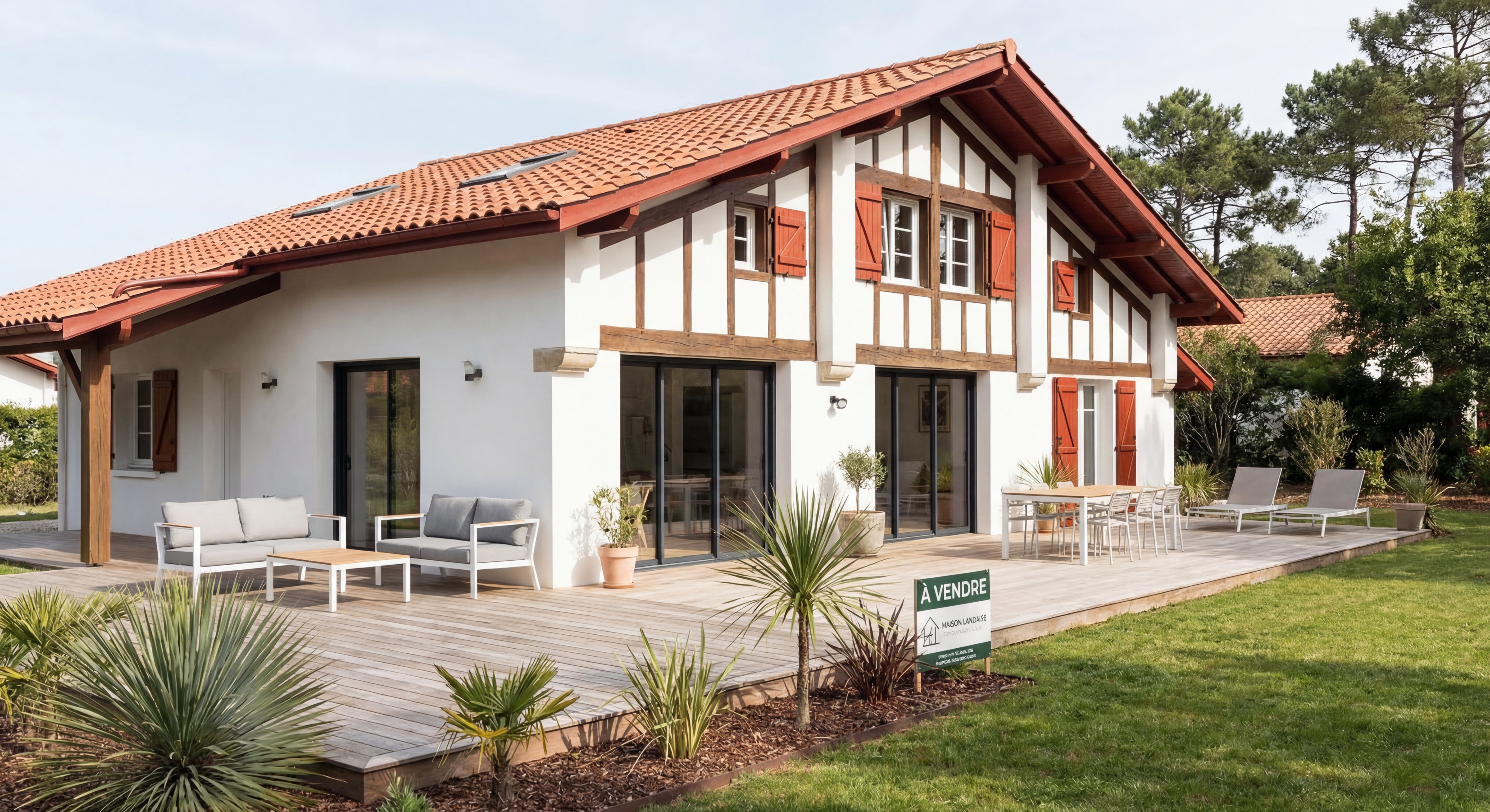 Maison landaise typique à vendre Mimizan avec jardin et terrasse en bois
