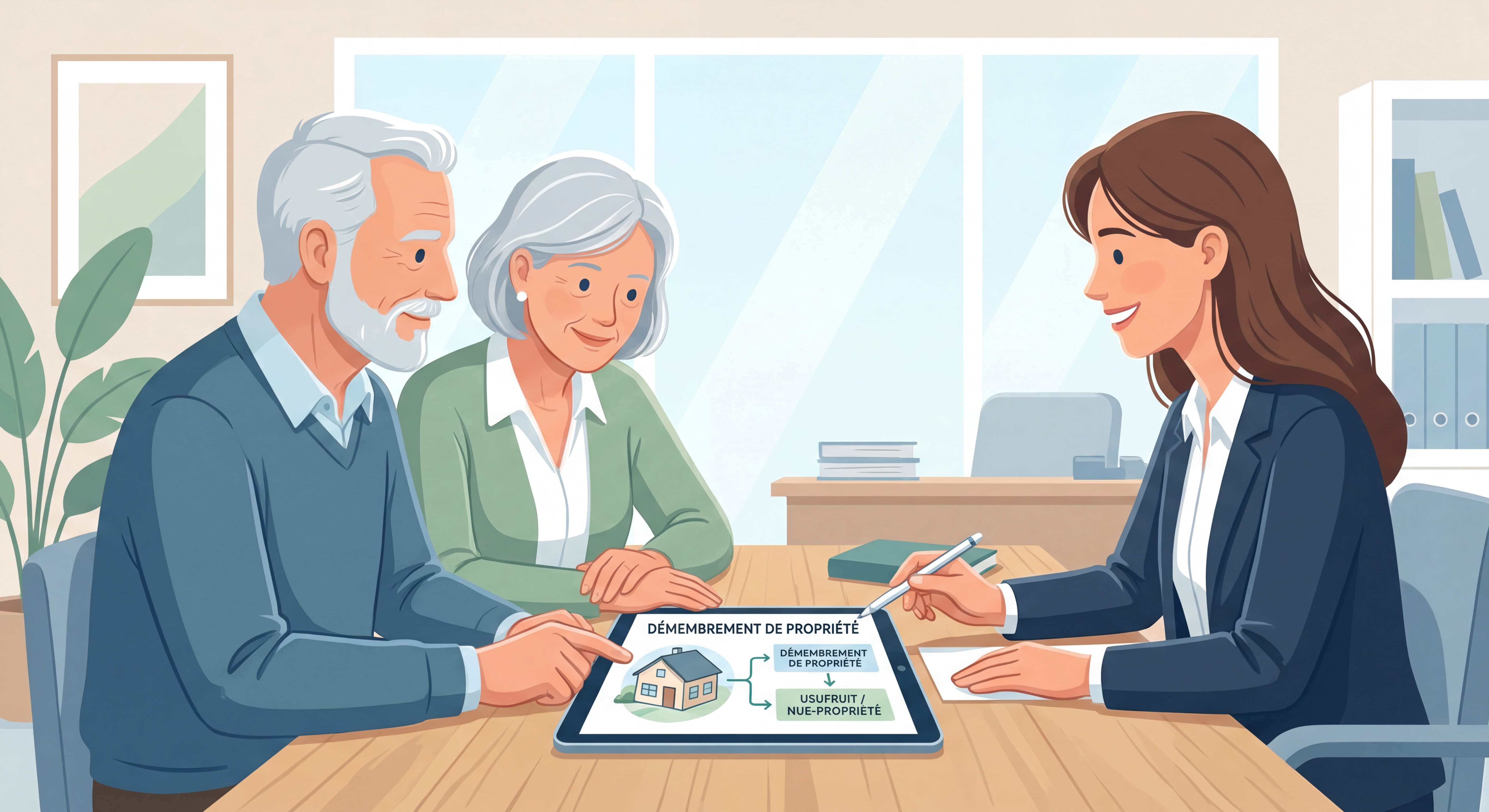 Couple de seniors consultant leur notaire pour organiser une transmission de patrimoine avec démembrement de propriété