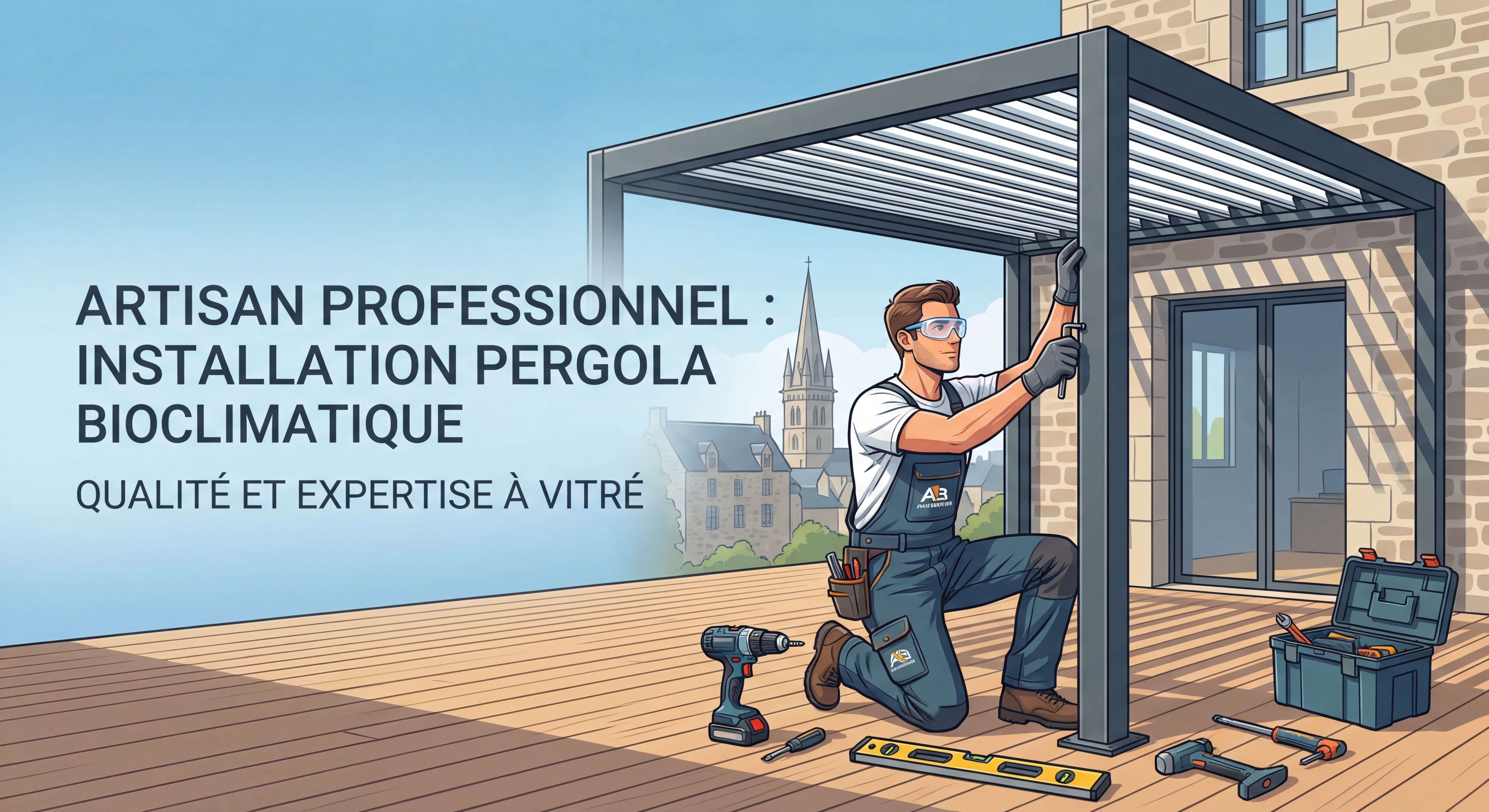 Artisan professionnel installant une pergola bioclimatique sur une terrasse à Vitré avec outils et équipement de qualité