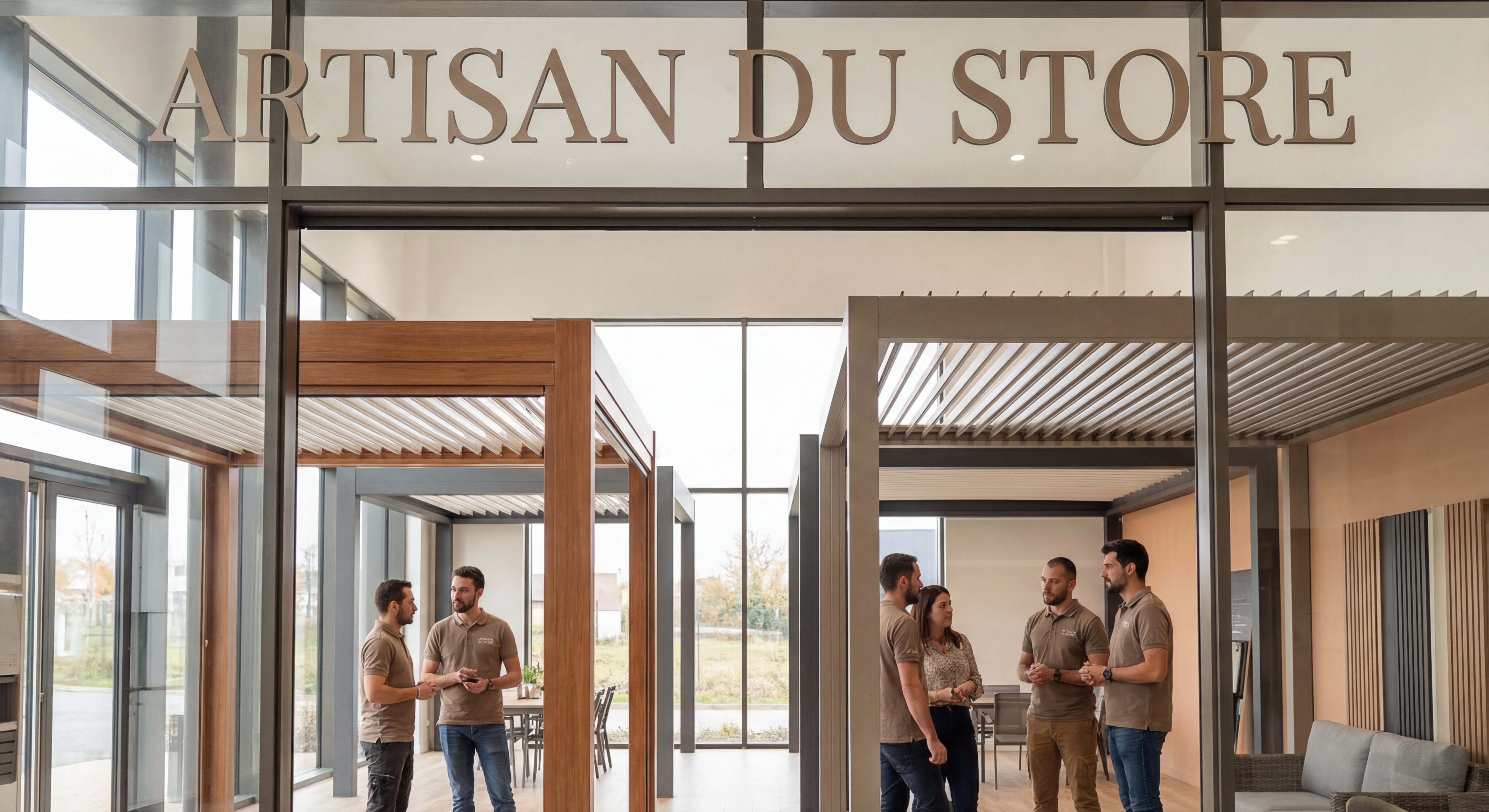 Showroom Artisan du Store avec plusieurs modèles de pergolas bioclimatiques exposés et équipe d'artisans professionnels