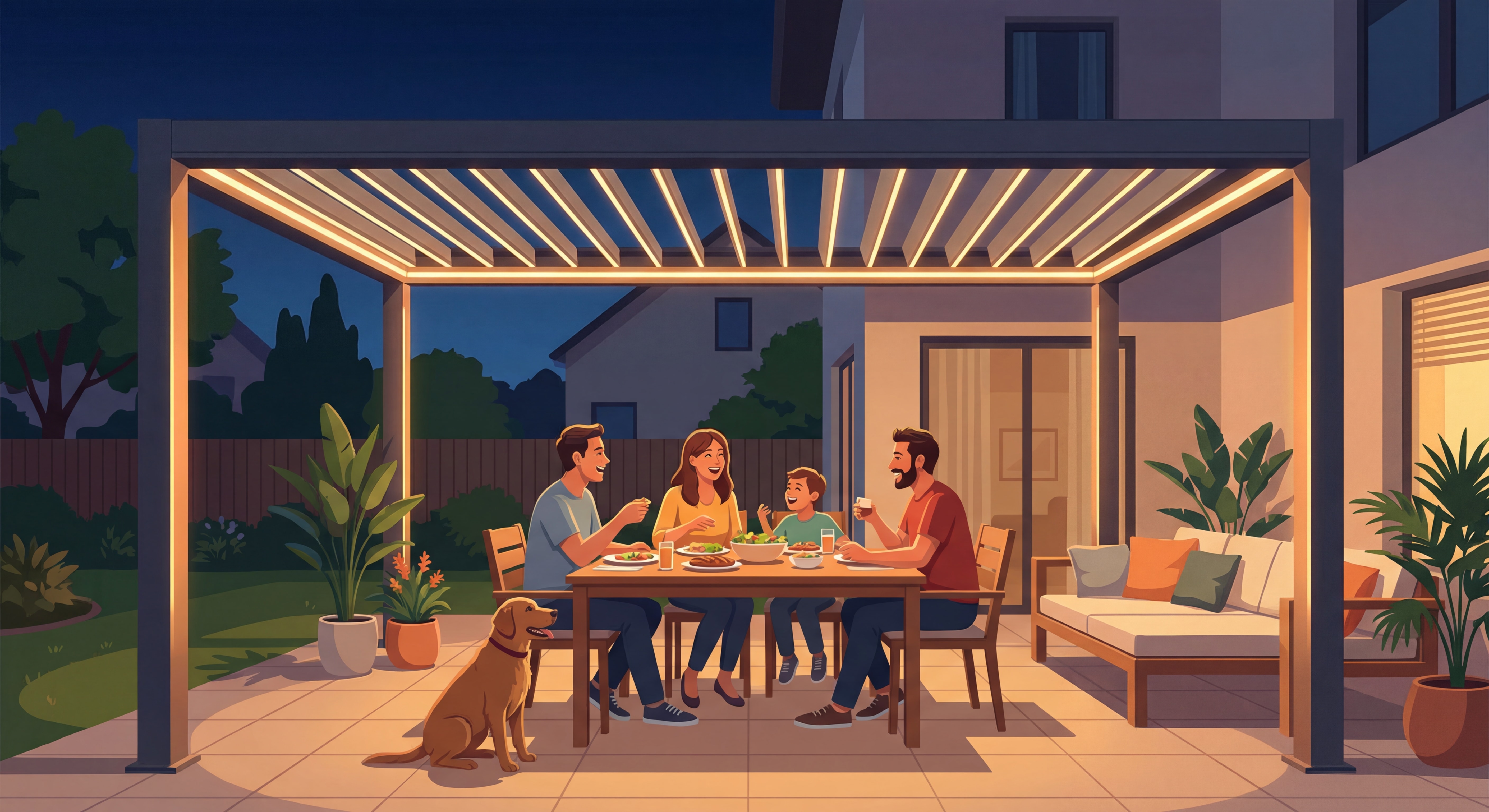 Famille profitant d'un moment convivial sous une pergola bioclimatique moderne avec éclairage LED en soirée