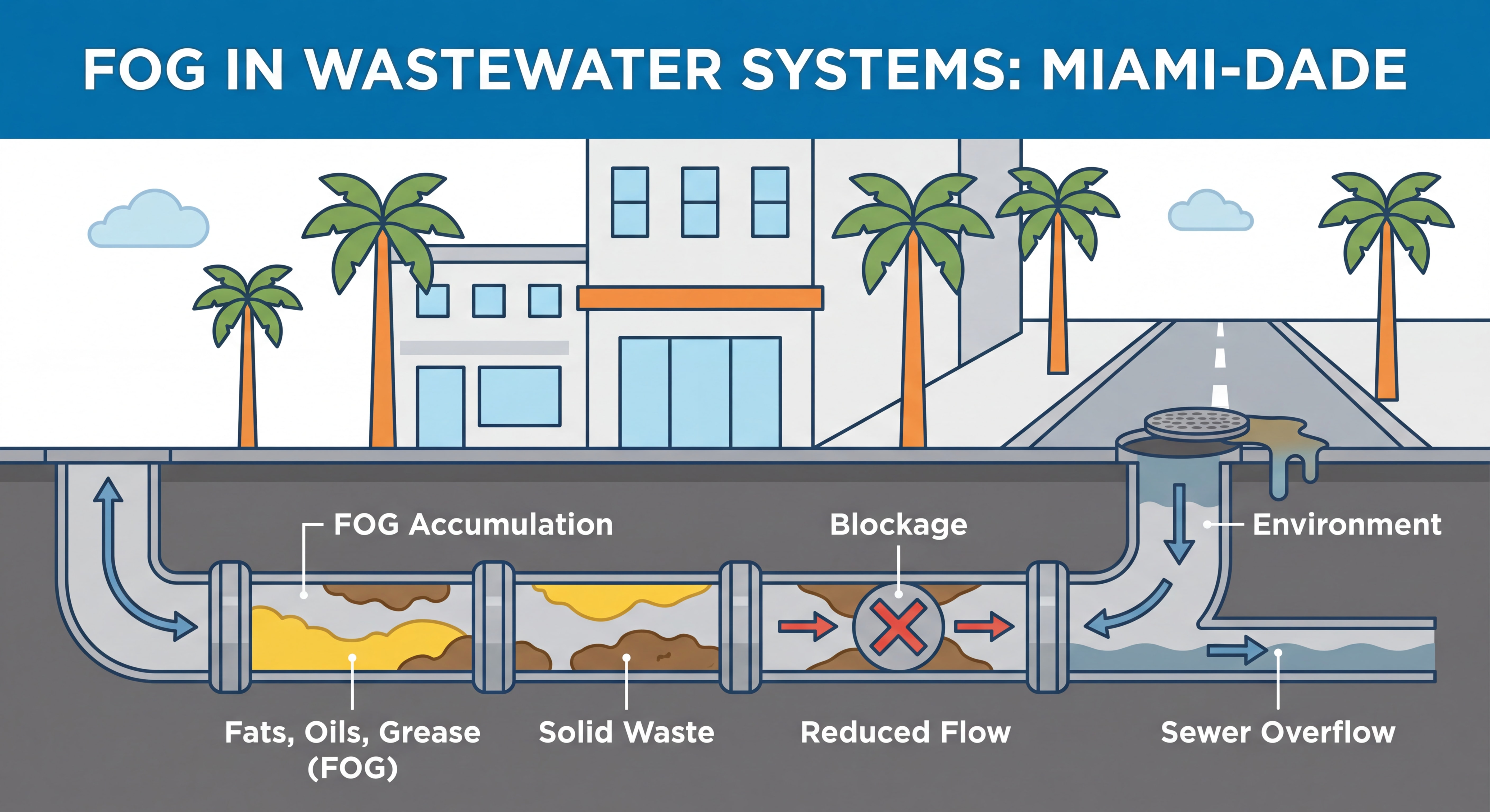 Diagram showing how FOG accumulates in sewer pipes causing blockages and overflows in Miami-Dade wastewater systems