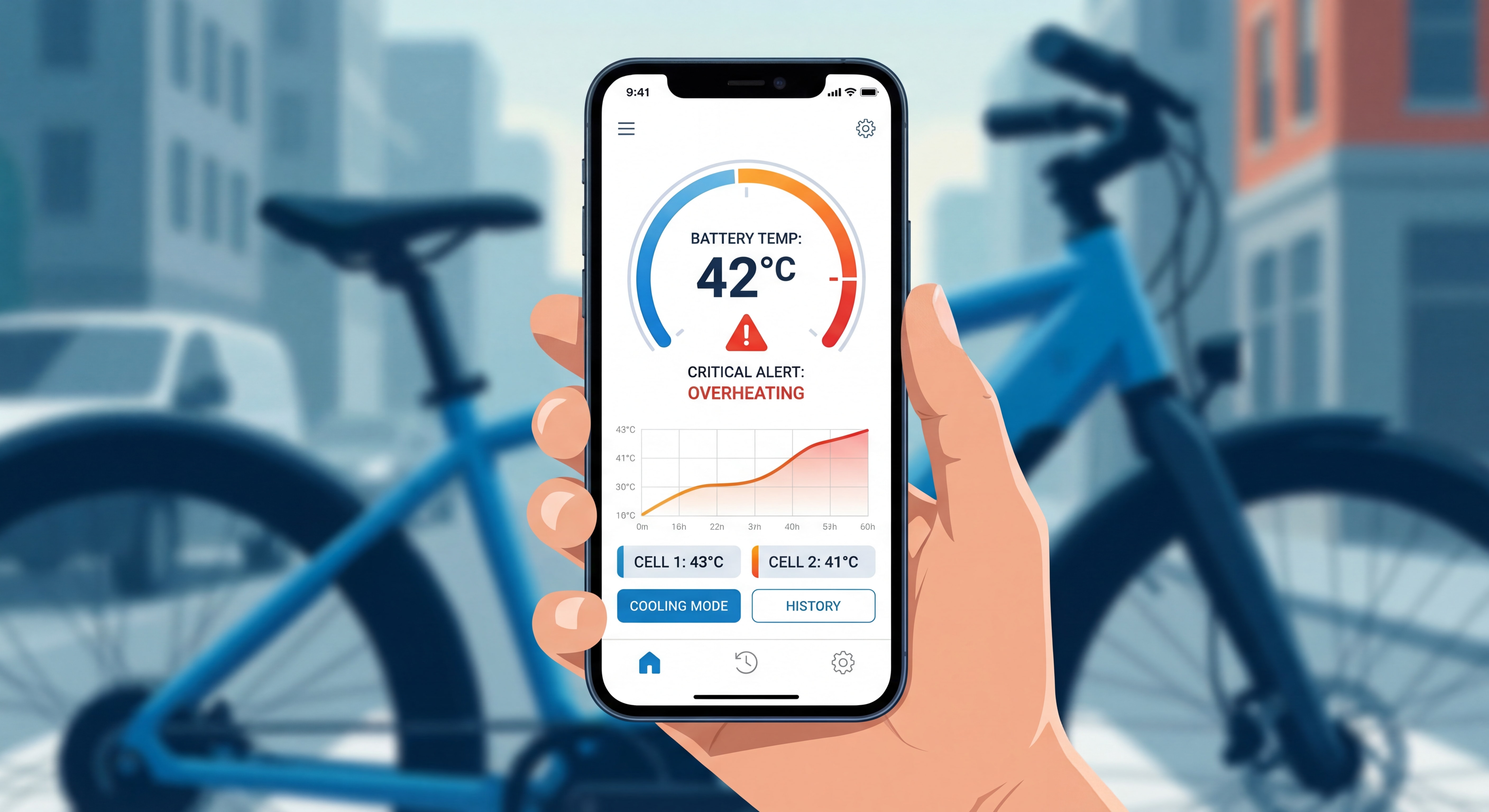 Interface d'application mobile montrant surveillance température batterie VAE avec alertes