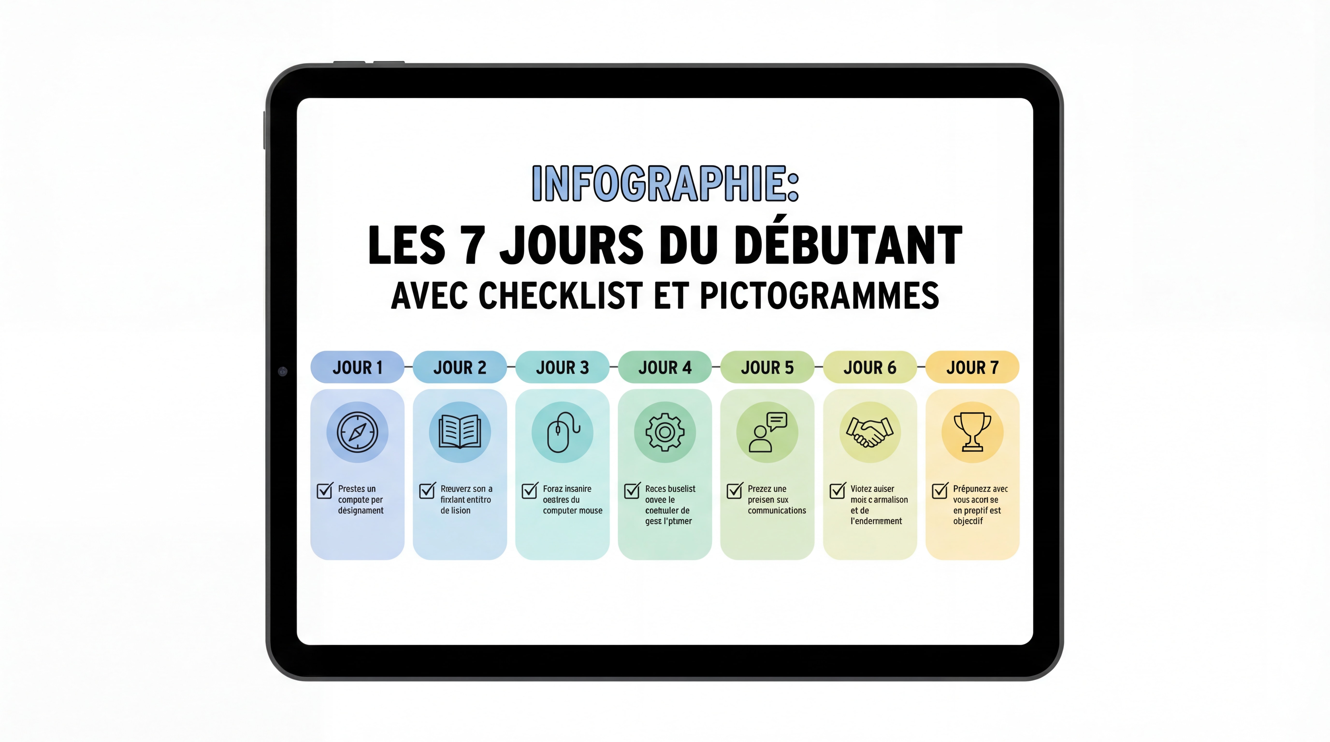Infographie des 7 jours du débutant avec checklist et pictogrammes