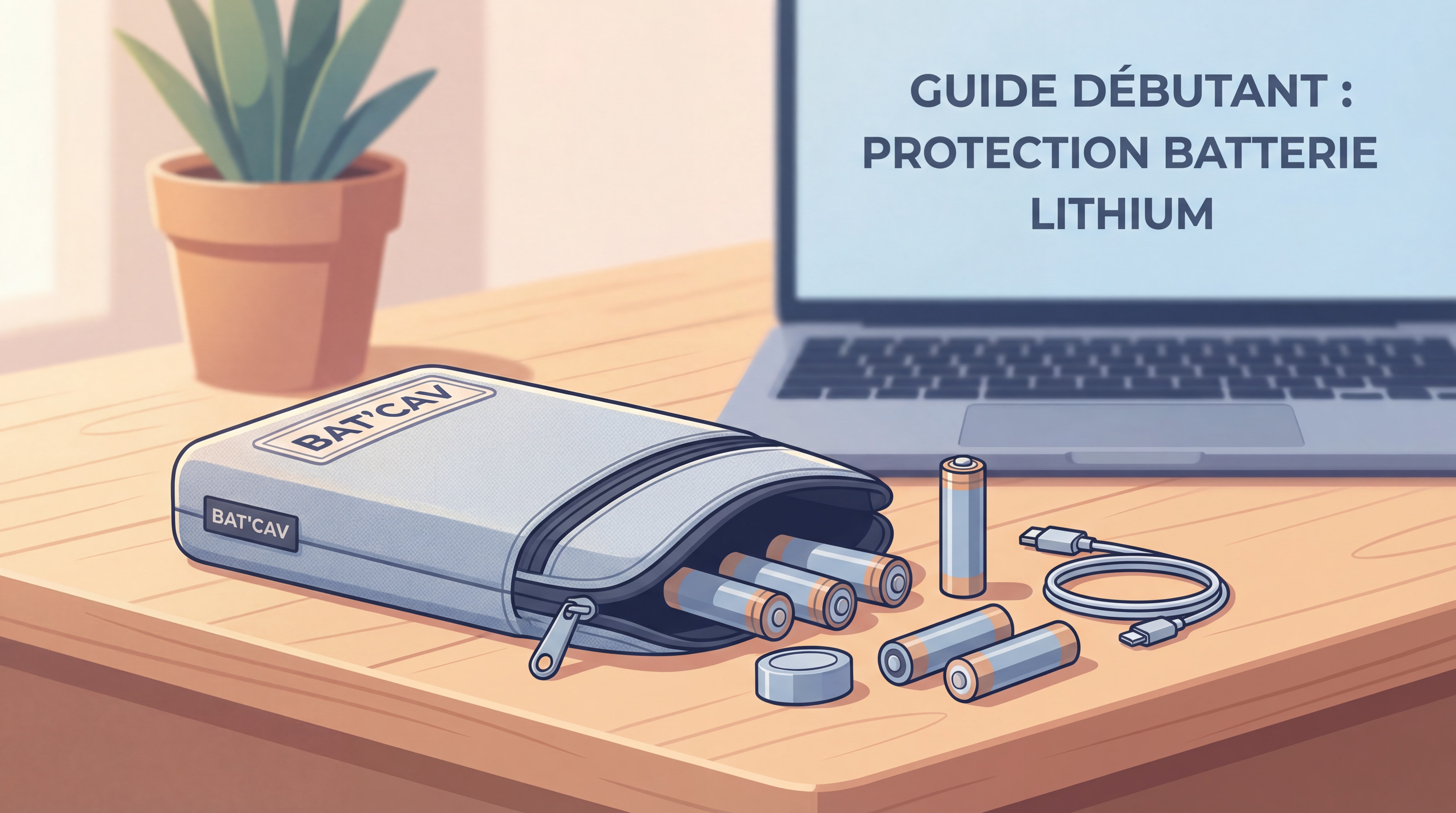 Guide débutant protection batterie lithium avec housse ignifugée Bat'Cav posée sur table