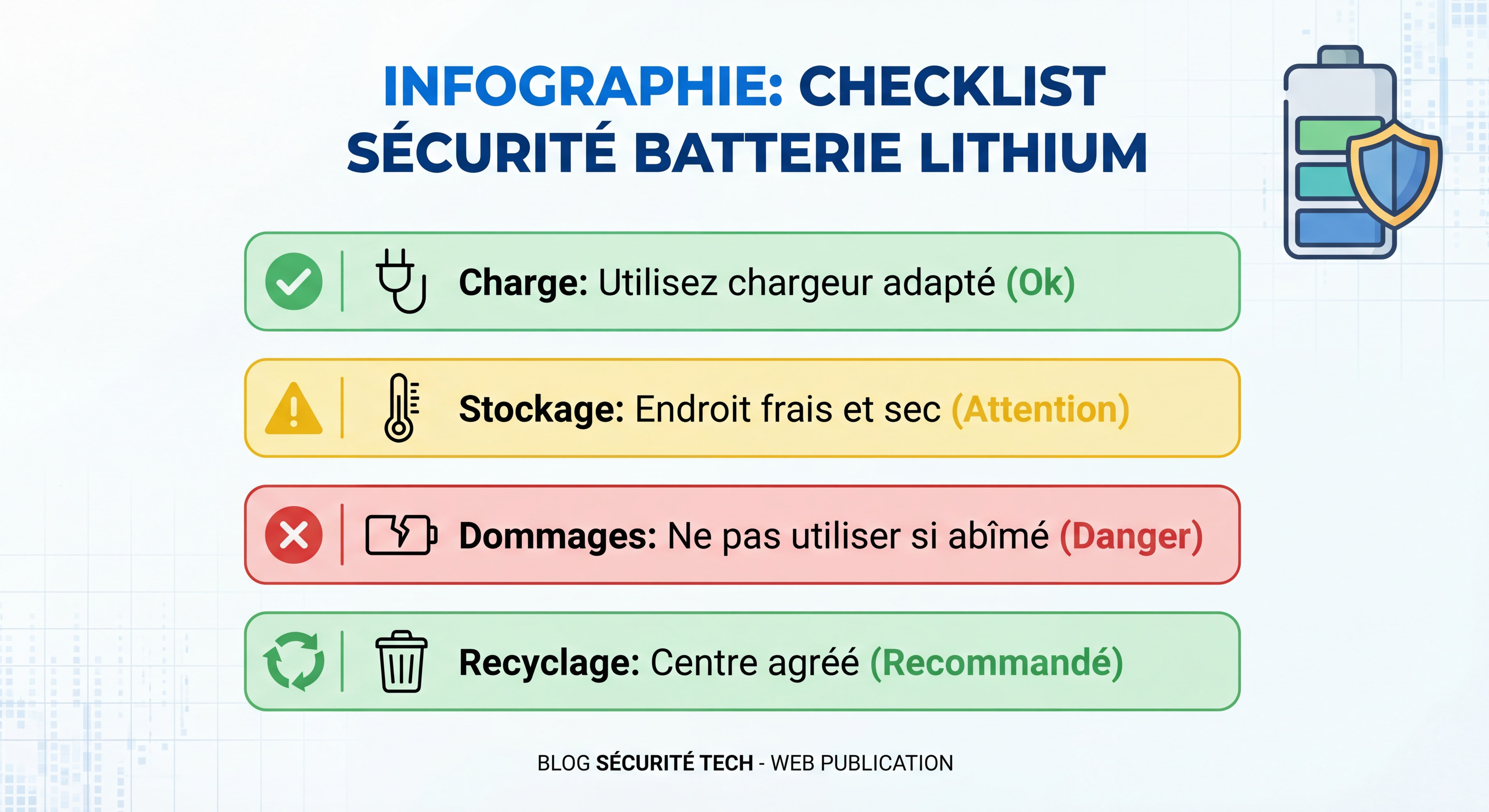 Infographie montrant checklist sécurité batterie lithium avec pictogrammes et codes couleur