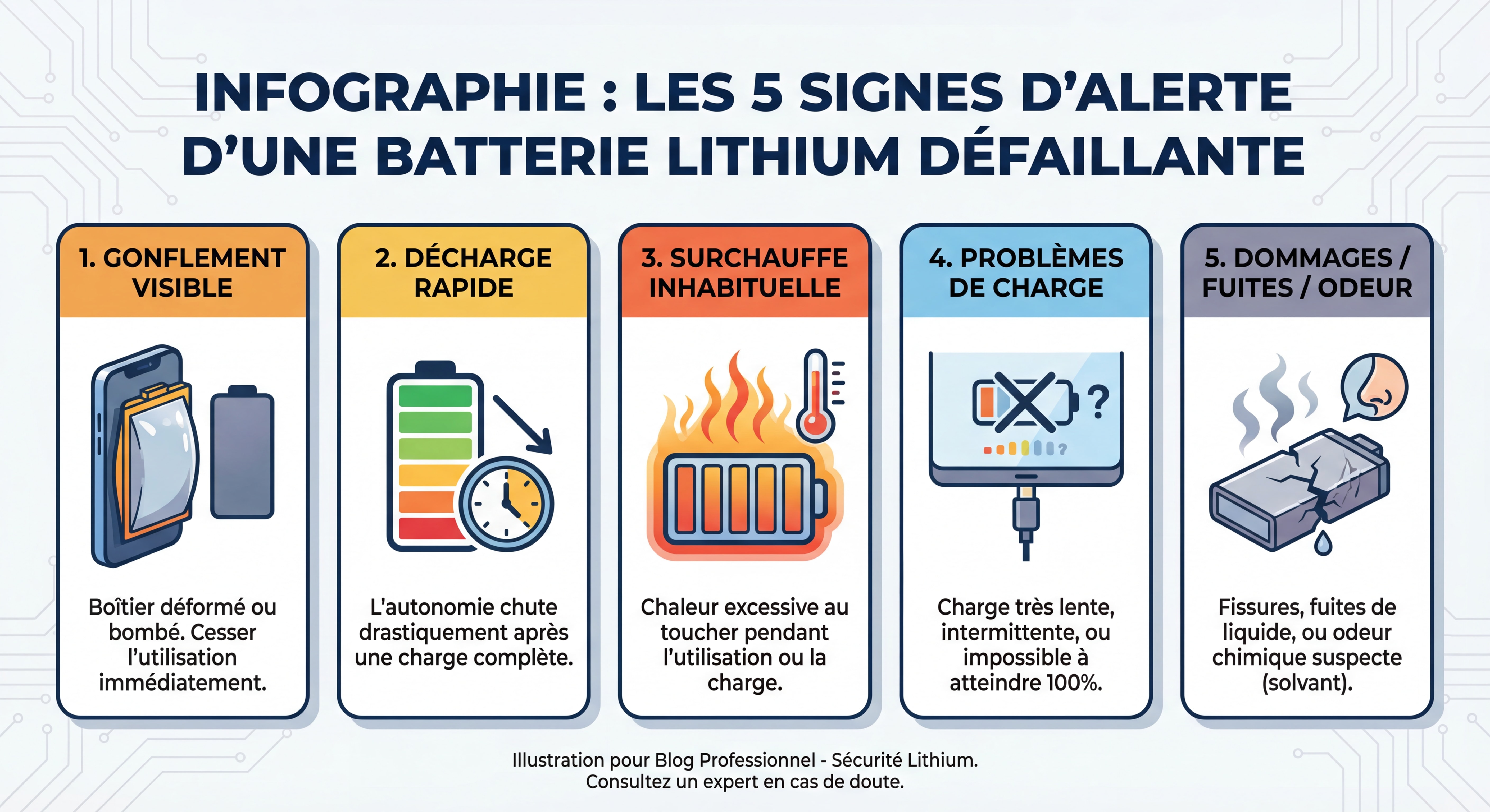 Infographie montrant les 5 signes d'alerte d'une batterie lithium défaillante avec illustrations