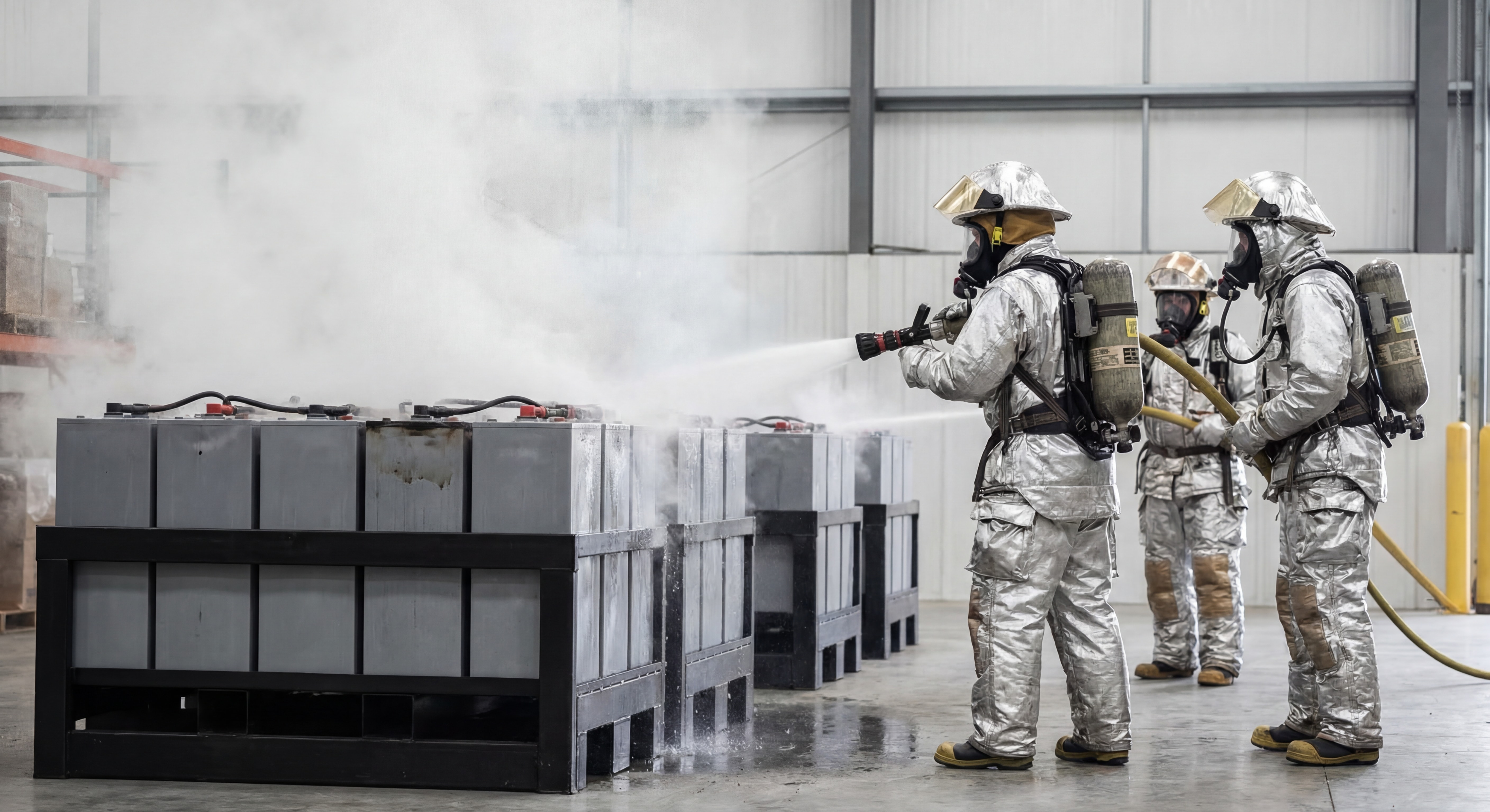 Photo d'intervention des pompiers sur un incendie de batterie industrielle avec équipements de protection spécialisés
