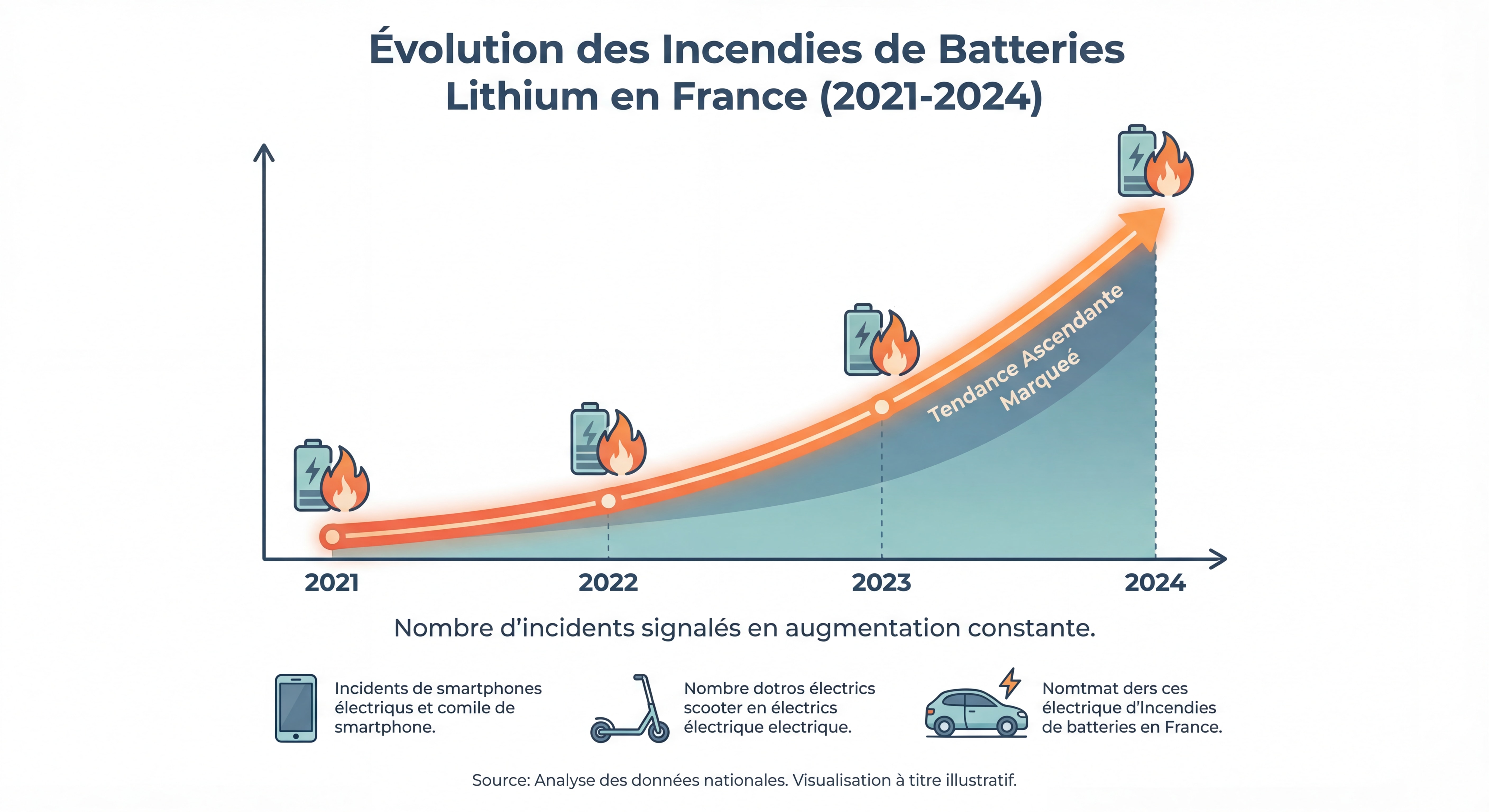 Infographie montrant l'évolution des incendies de batteries lithium en France de 2021 à 2024 avec courbe ascendante marquée