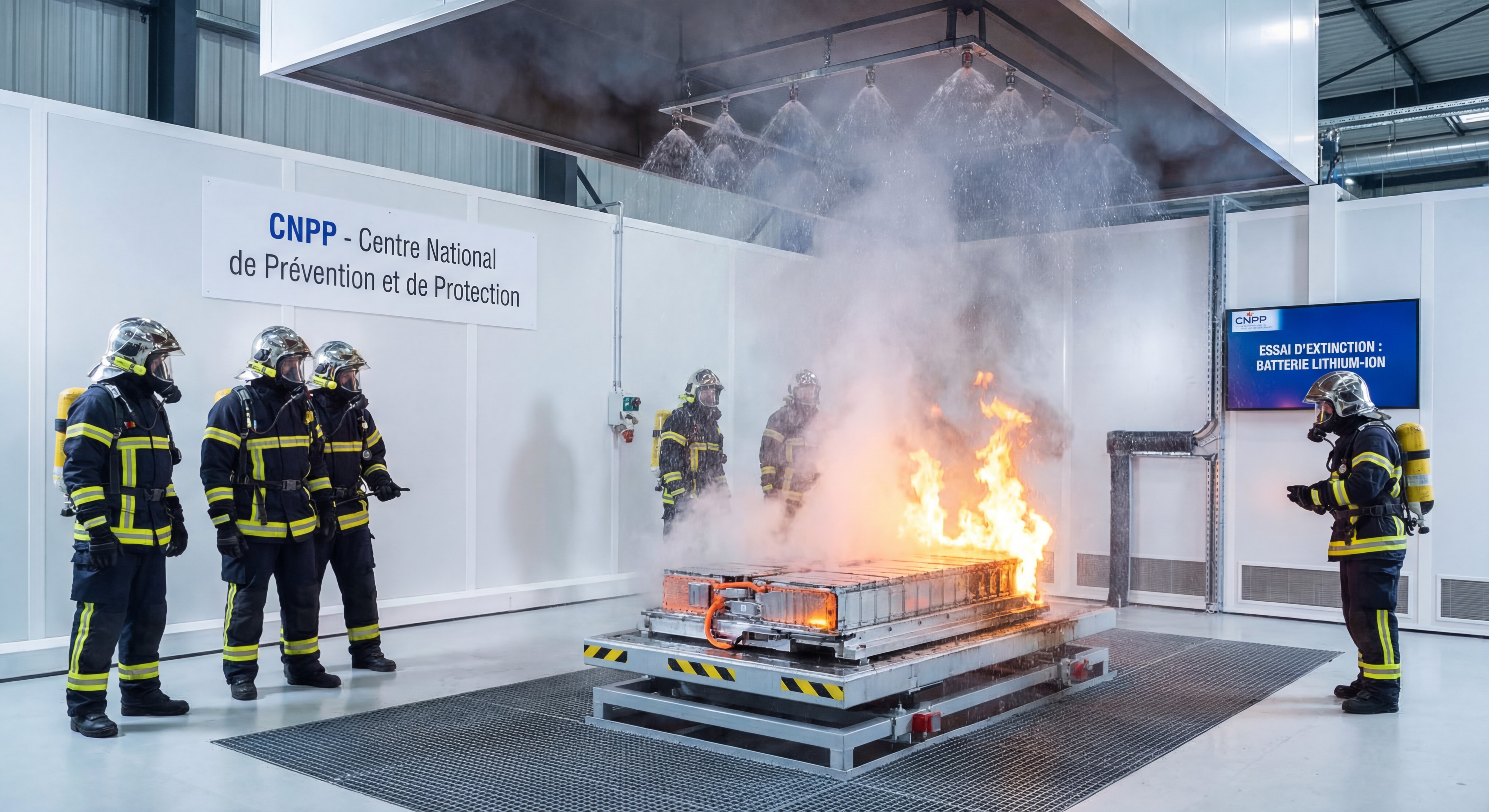 Photo d'un essai d'extinction de feu de batterie lithium-ion au CNPP avec pompiers et système sprinkler en action