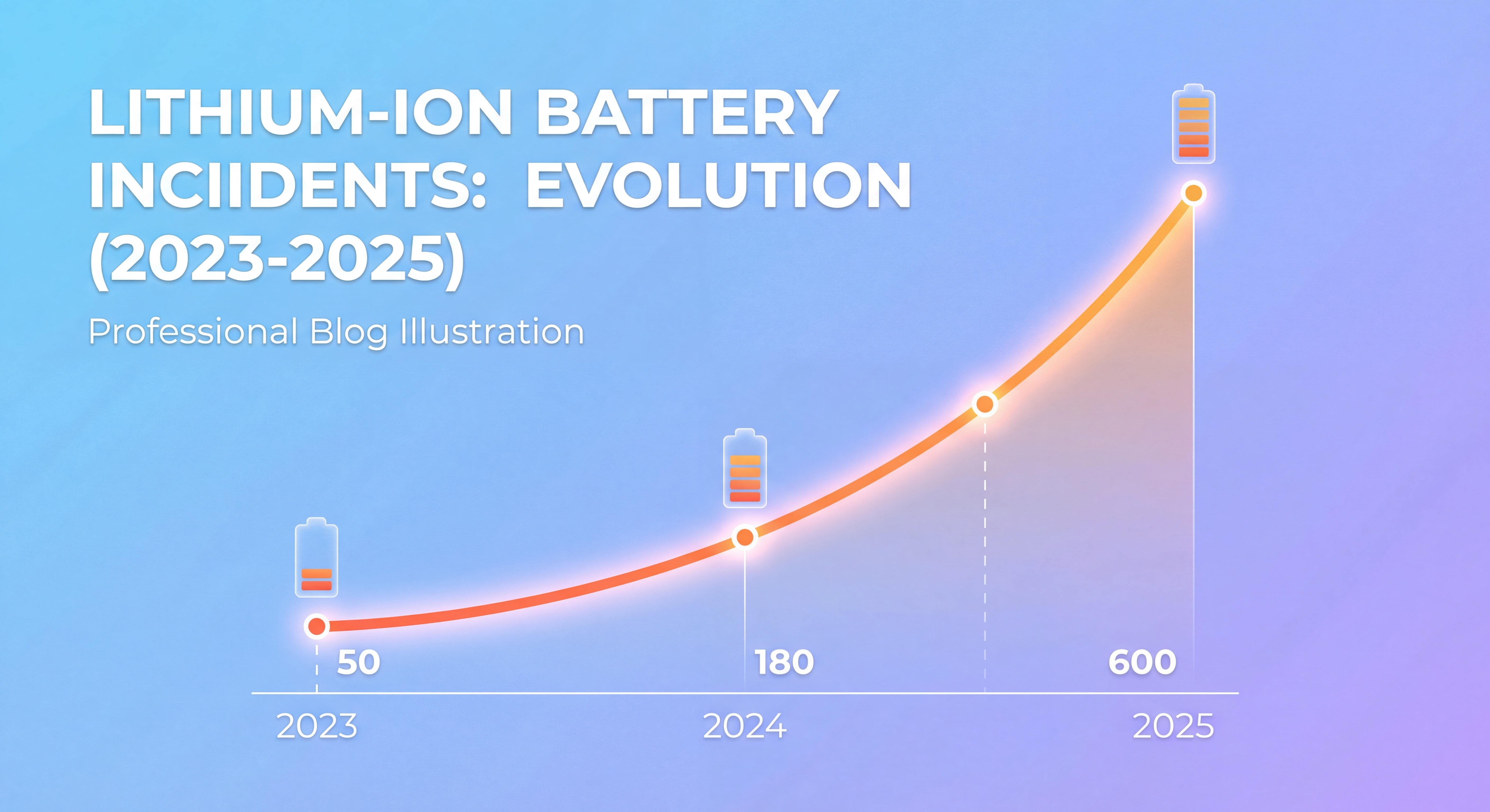 Graphique montrant l'évolution des incidents de batteries lithium-ion entre 2023 et 2025 avec courbe ascendante dramatique