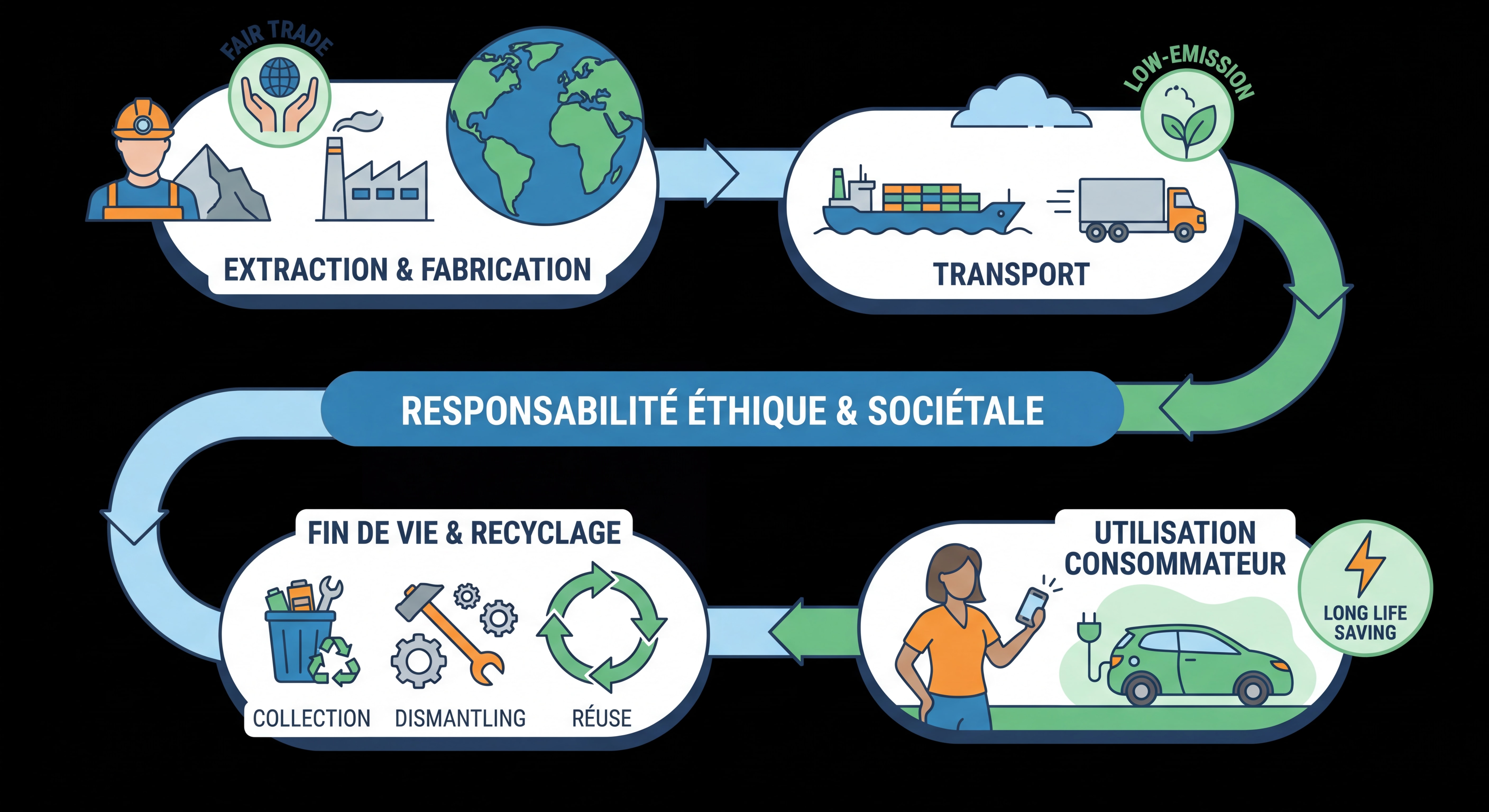 Illustration conceptuelle montrant la chaîne de responsabilité des batteries lithium-ion, du fabricant au consommateur, avec symboles éthiques et sociétaux