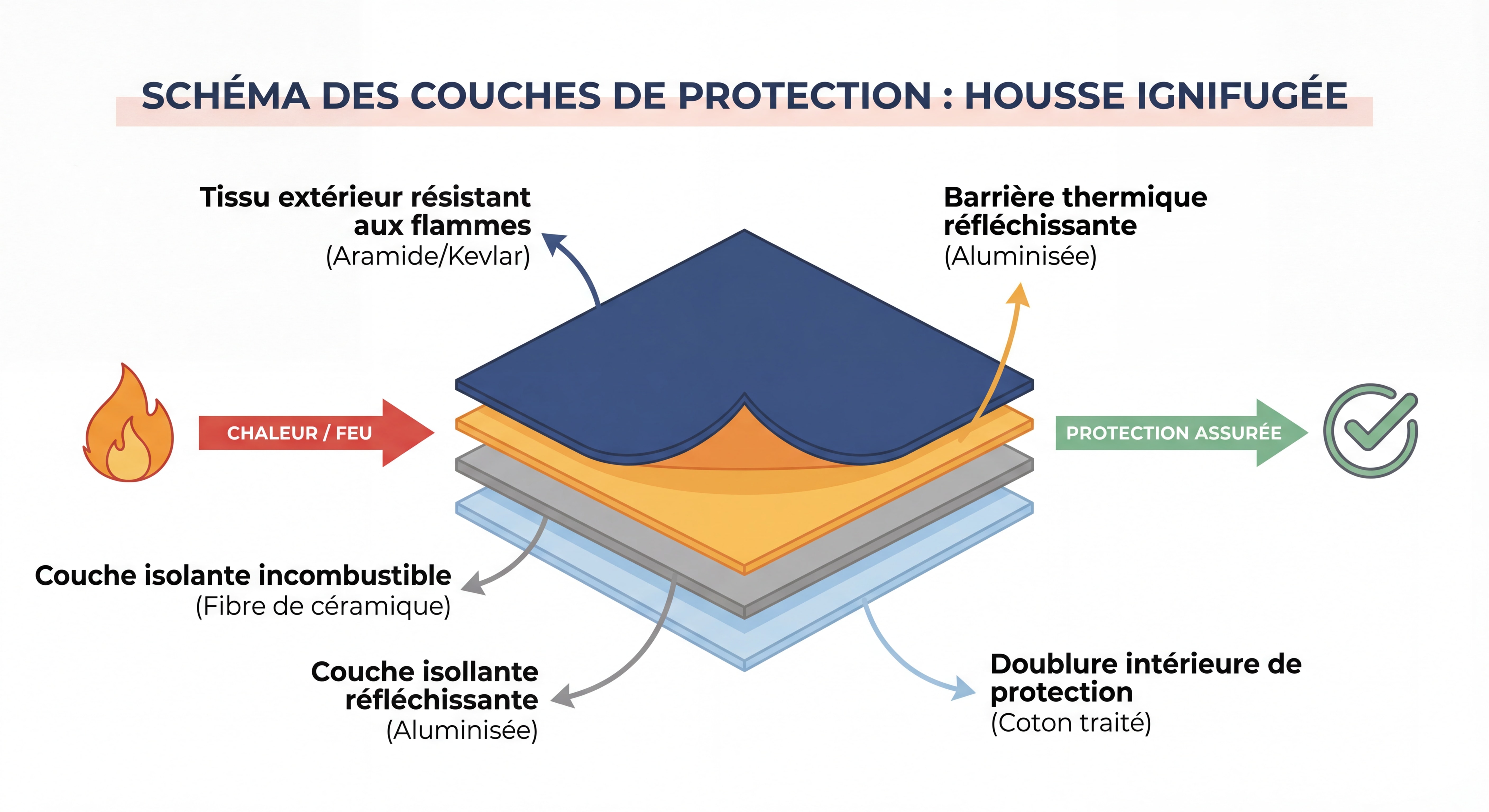 Schéma illustrant les couches de protection d'une housse ignifugée avec légendes techniques