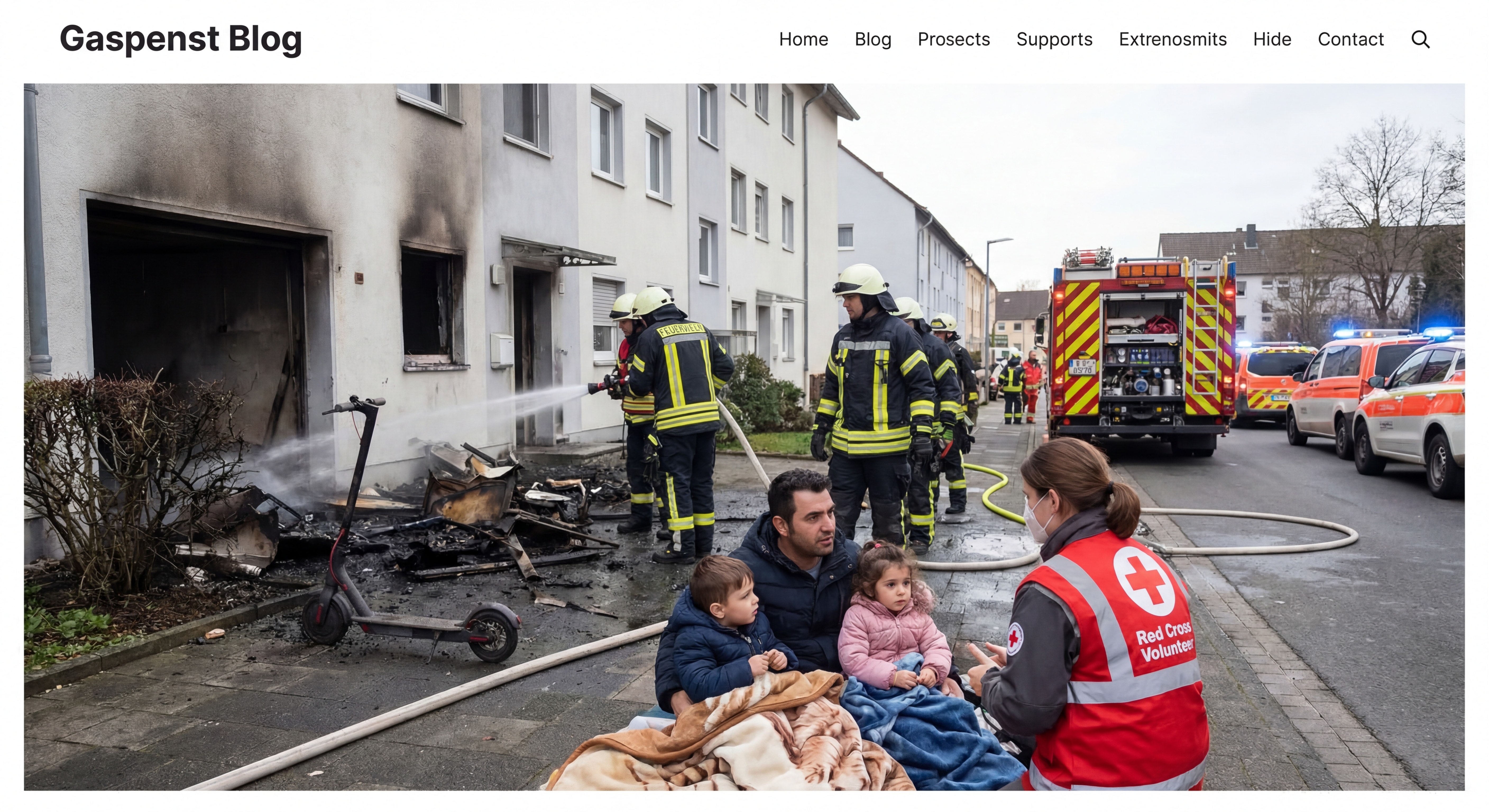 Photo documentaire montrant les conséquences humaines d'un incendie de batterie lithium-ion, pompiers en intervention, familles évacuées, dégâts matériels