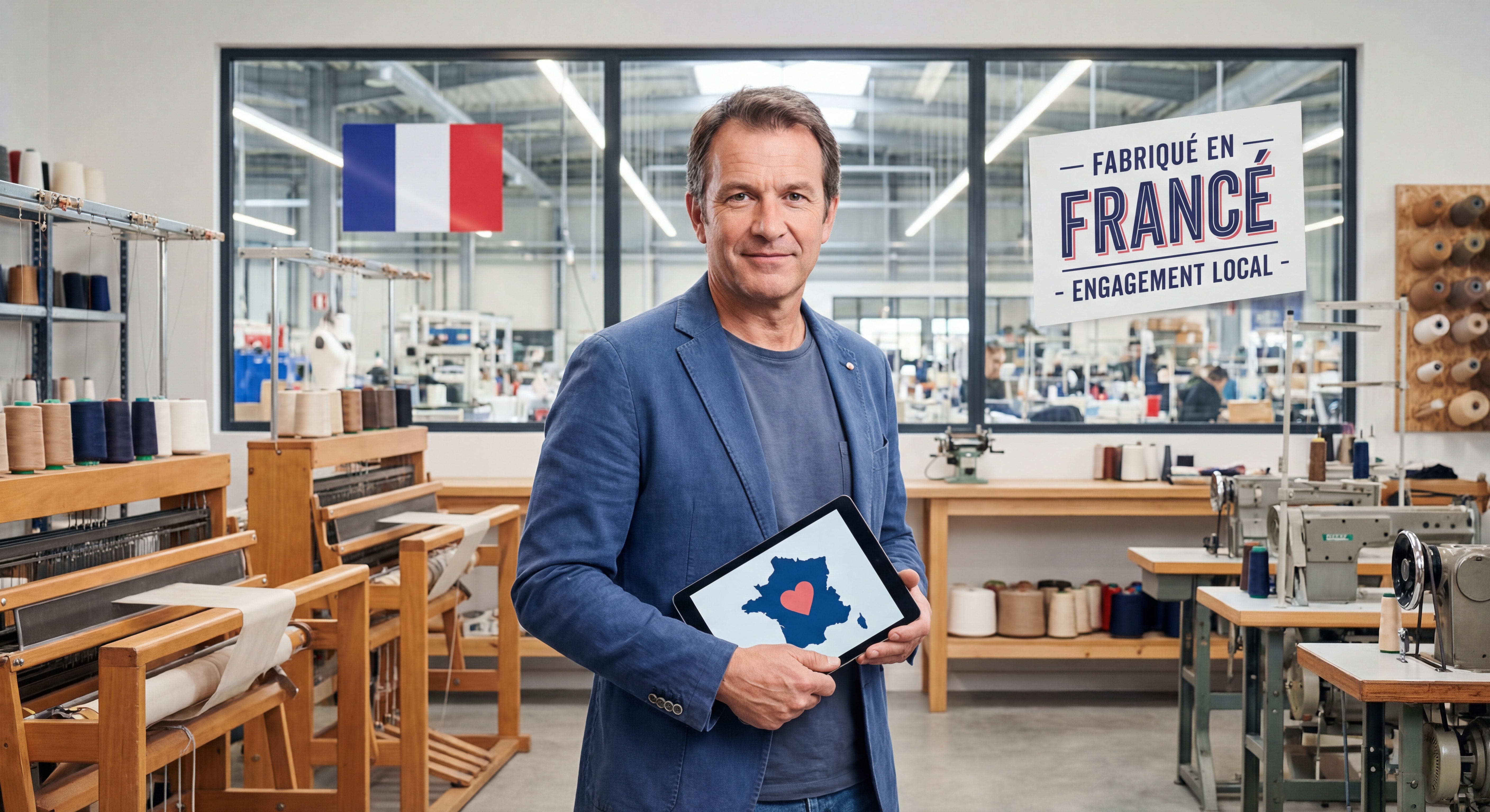 Portrait de l'entrepreneur avec en arrière-plan l'atelier de fabrication français, mettant en valeur le Made in France et l'engagement local