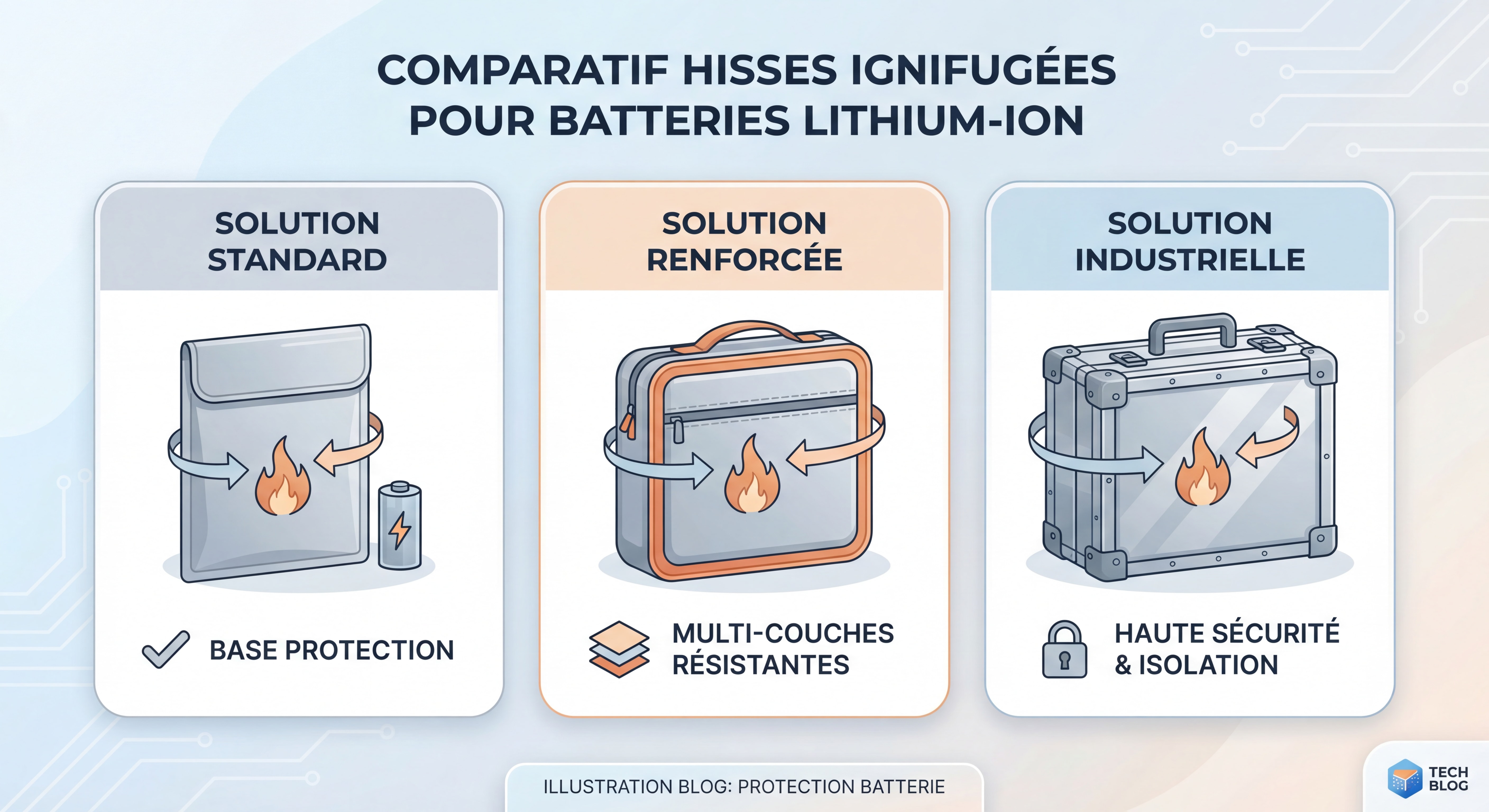 Comparaison visuelle de différentes solutions de protection pour batteries lithium-ion avec housses ignifugées