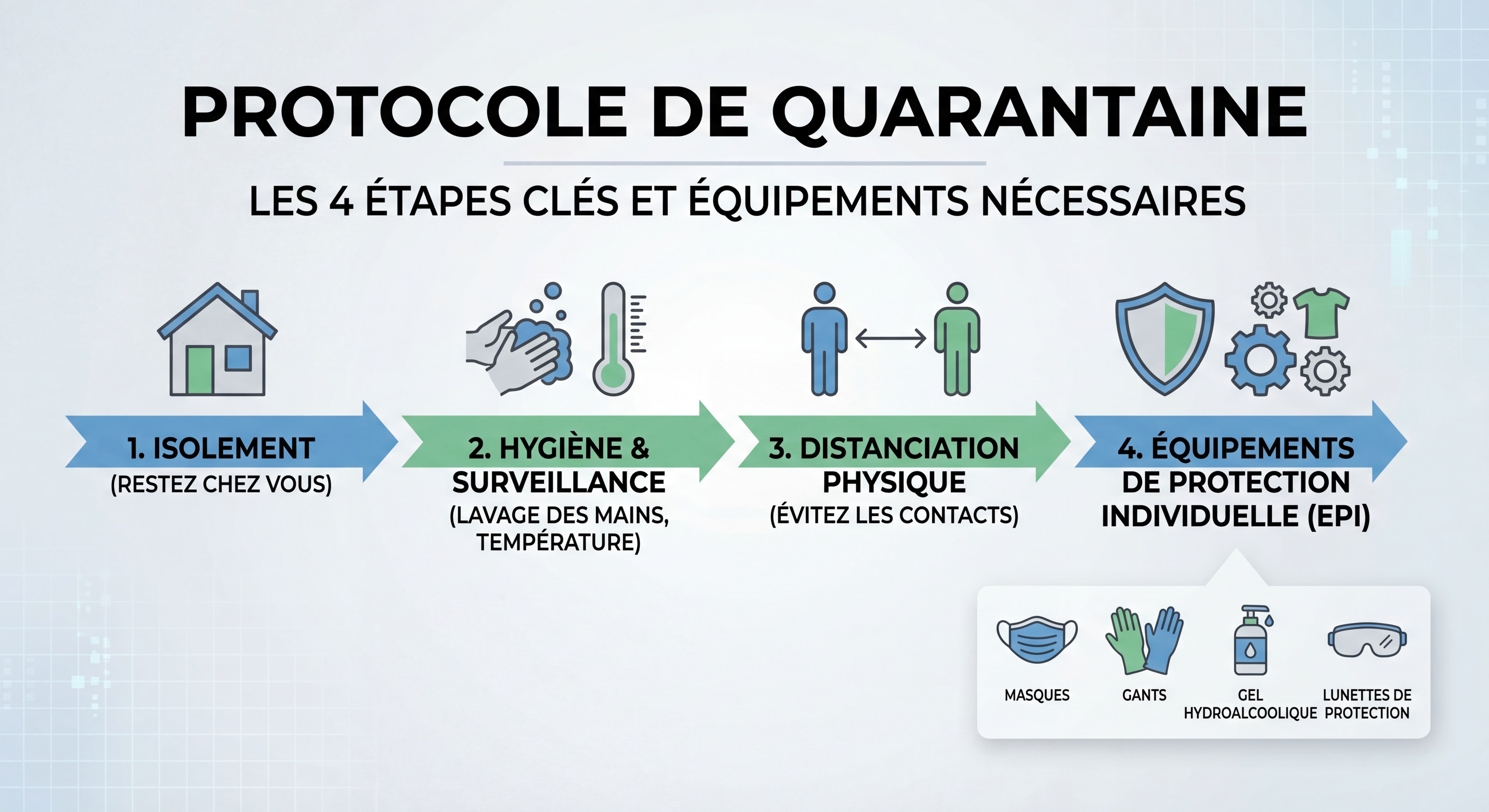 Protocole de quarantaine en infographie avec les 4 étapes et équipements de protection nécessaires