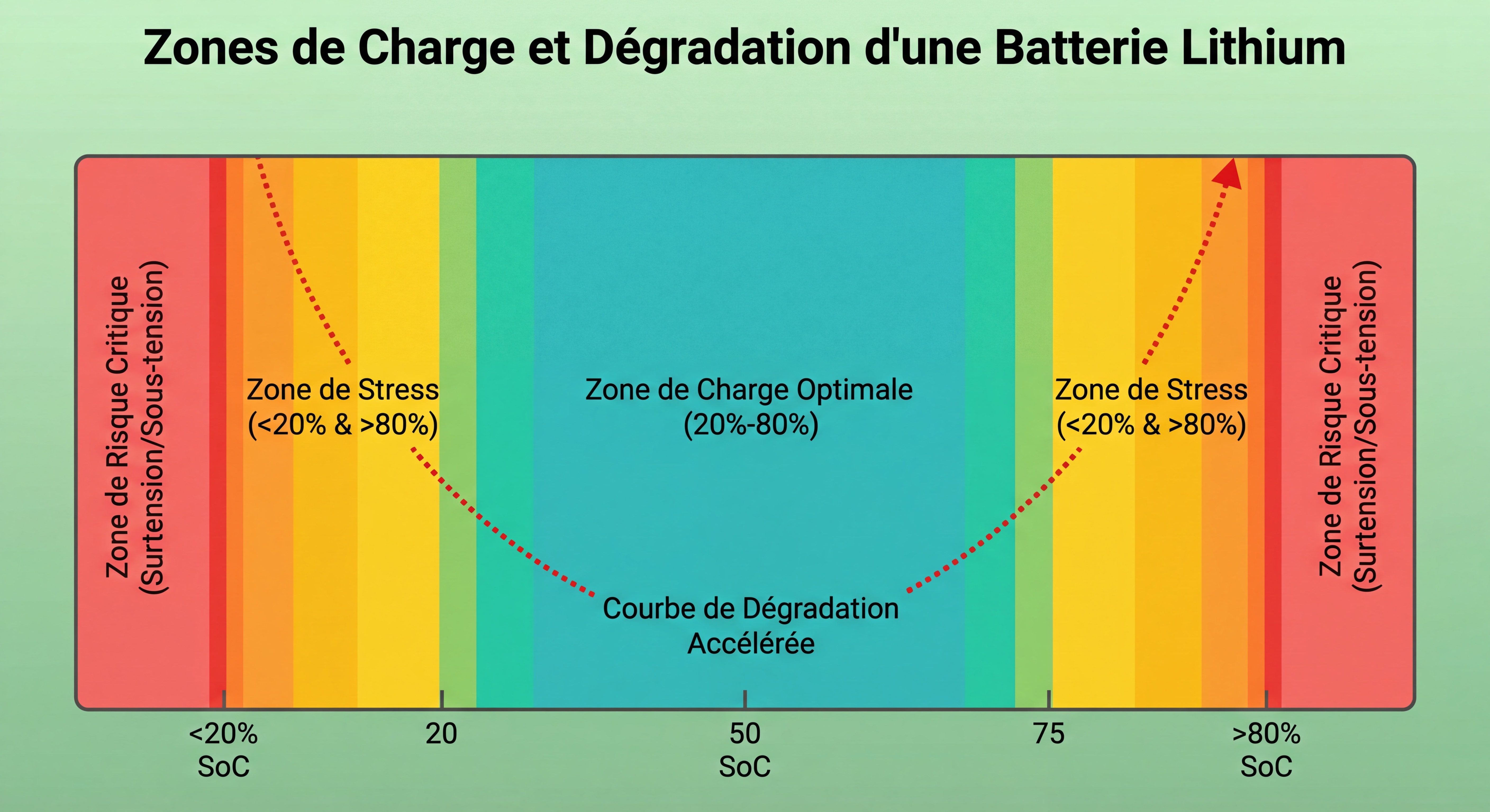 Diagramme montrant les zones de charge optimales d'une batterie lithium avec courbe de dégradation et zones de risque