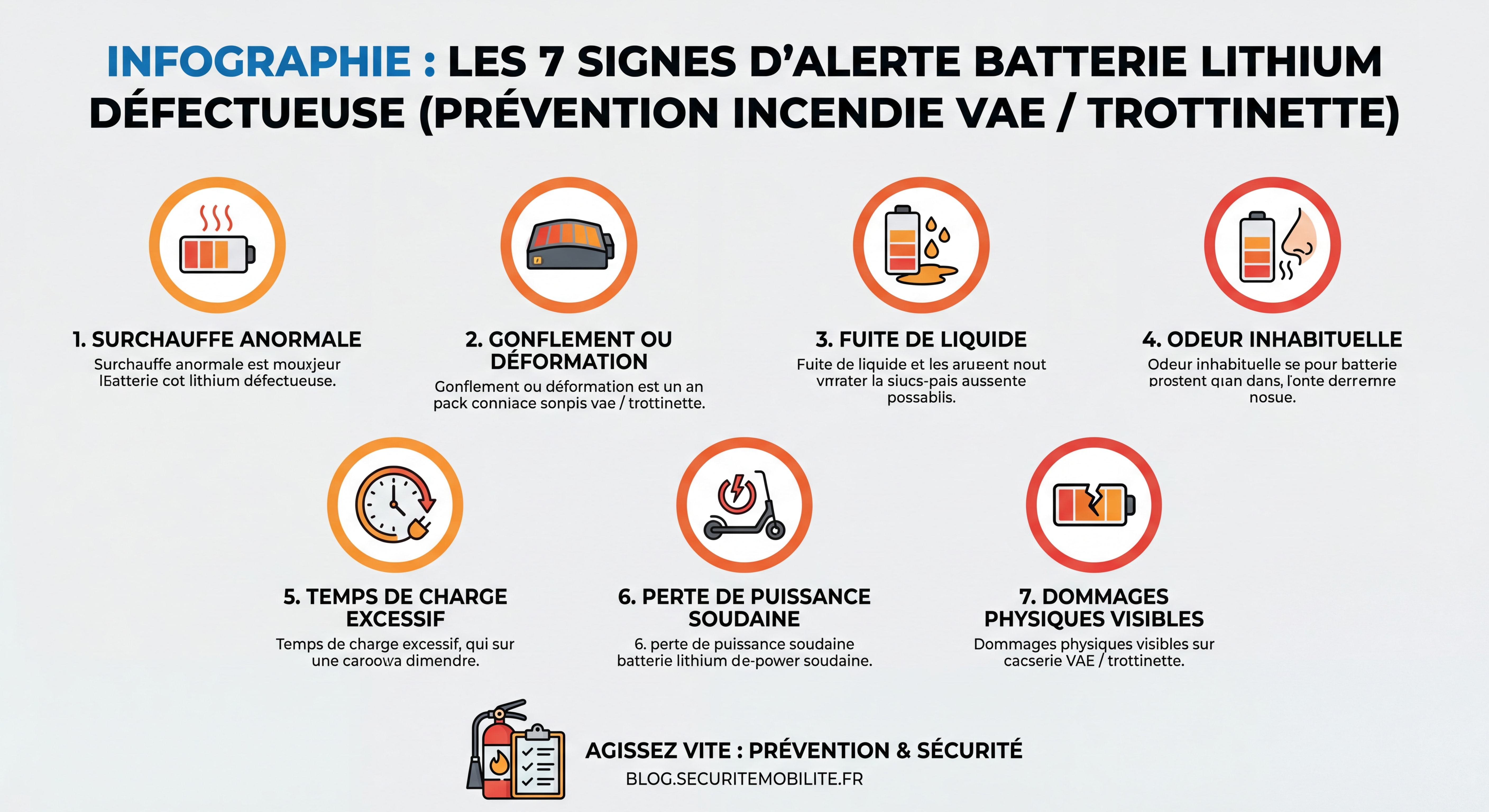 Infographie des 7 signes d'alerte batterie lithium défectueuse - prévention incendie VAE trottinette