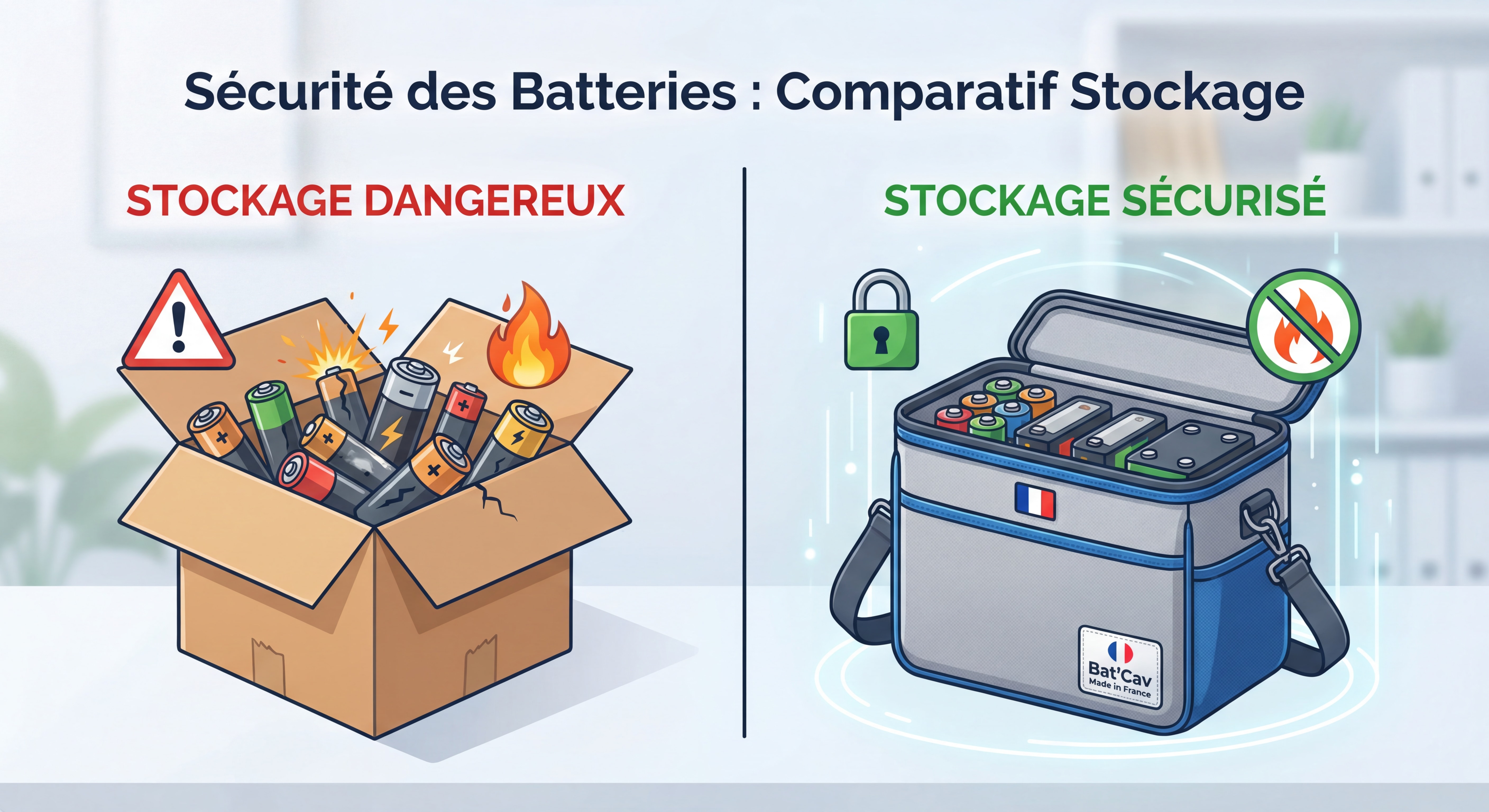 Comparaison stockage batterie dangereux vs sécurisé dans housse ignifugée Bat'Cav Made in France