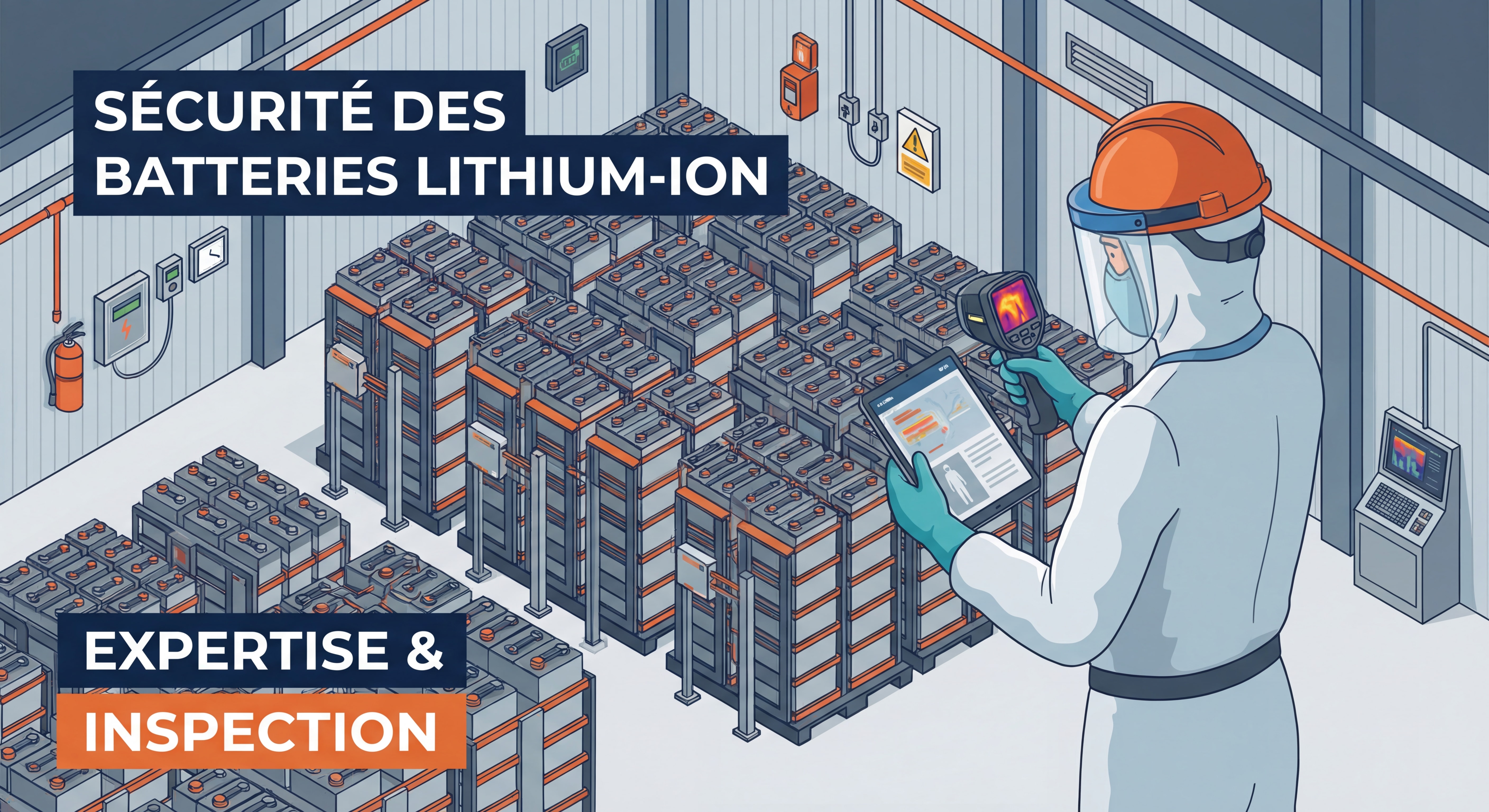 Expert en sécurité inspectant une installation de stockage de batteries lithium-ion avec équipements de protection professionnels