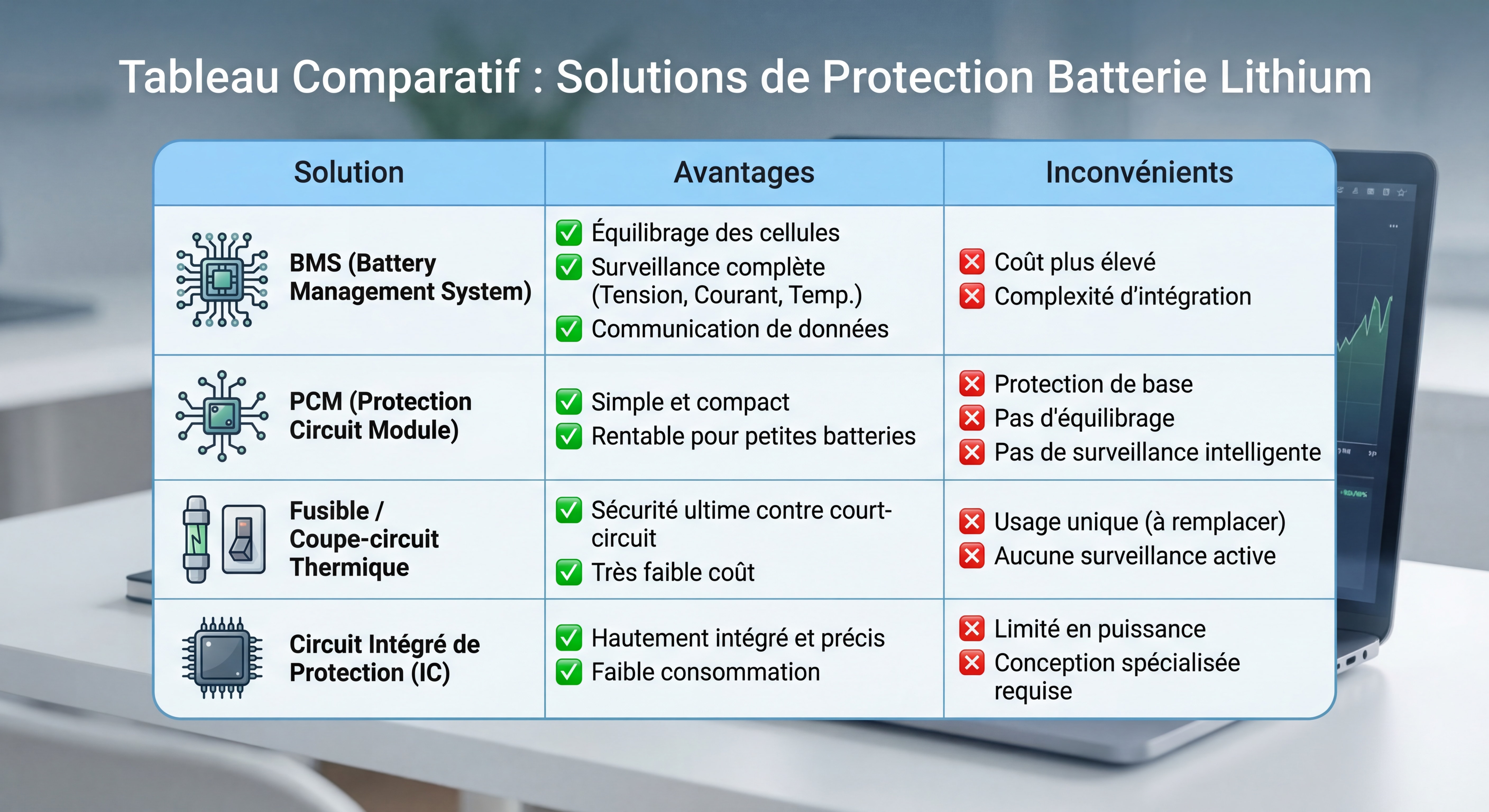 Tableau comparatif des différentes solutions de protection batterie lithium avec avantages et inconvénients